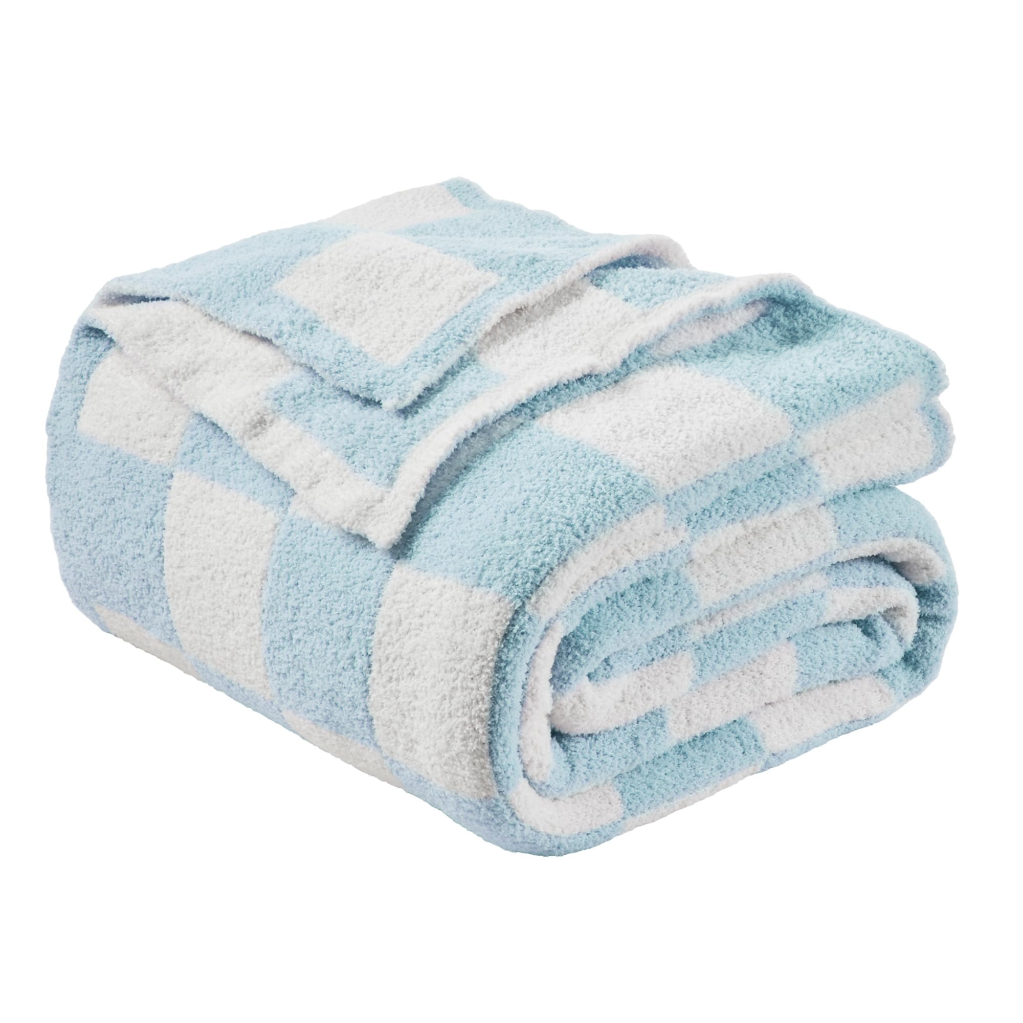 JOOJASoft Cozy Checkerboard Blue Blanket - Fluffy Knit Throw for Couch - Plaid Checkered - 50x60 in