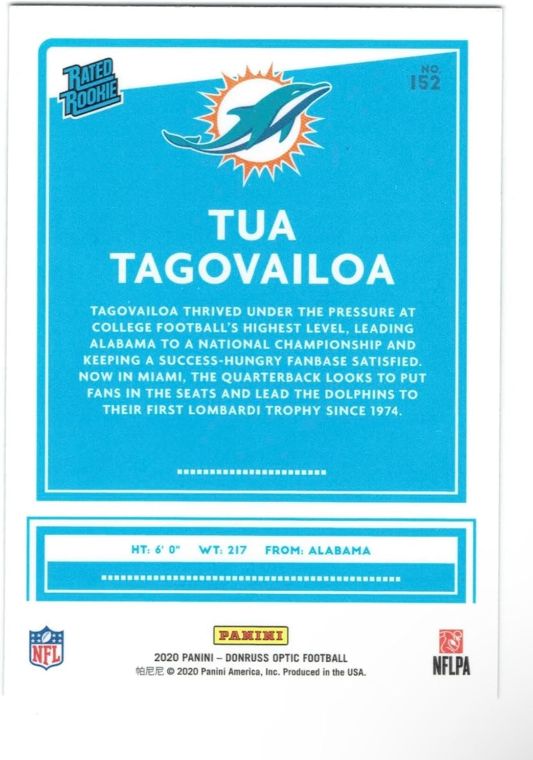 Tua Tagovailoa Rated Rookie Card #152 Dolphins 2020 Donruss Optic Football