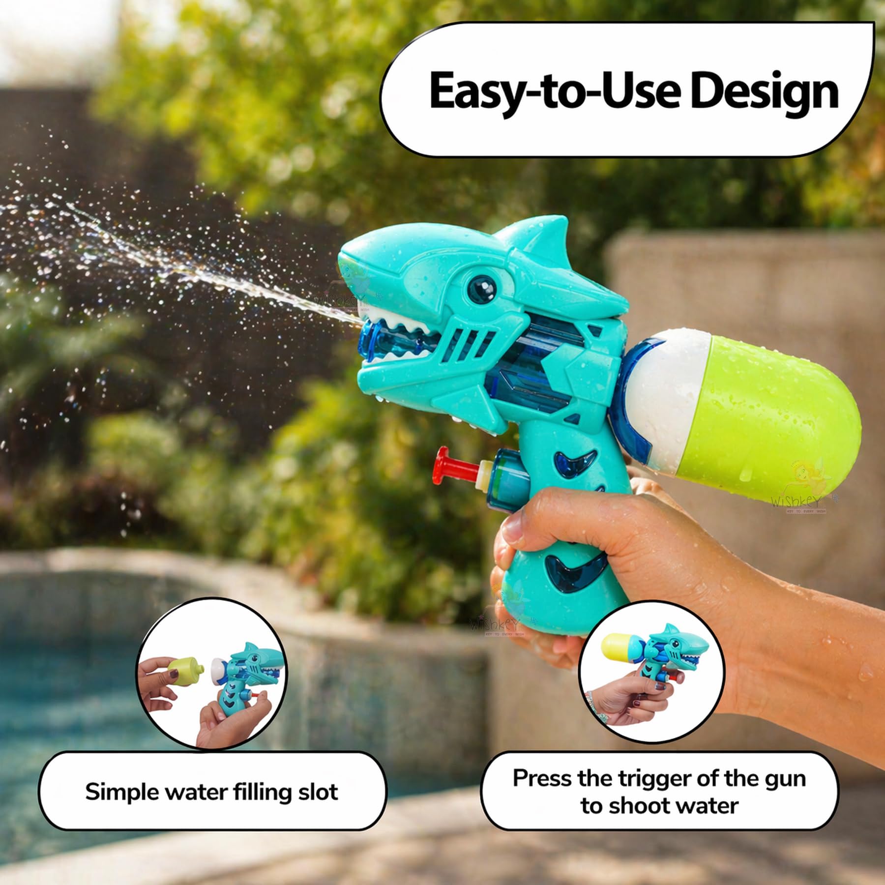WISHKEY Shark Theme Water Gun Toy 570ml Capacity, Water Blaster with Bubble Blow for Kids, Durable Outdoor Summer Toy for Fun-Filled Water Battles and Special Occasions, 4+ Years (Pack of 1, Blue) 4