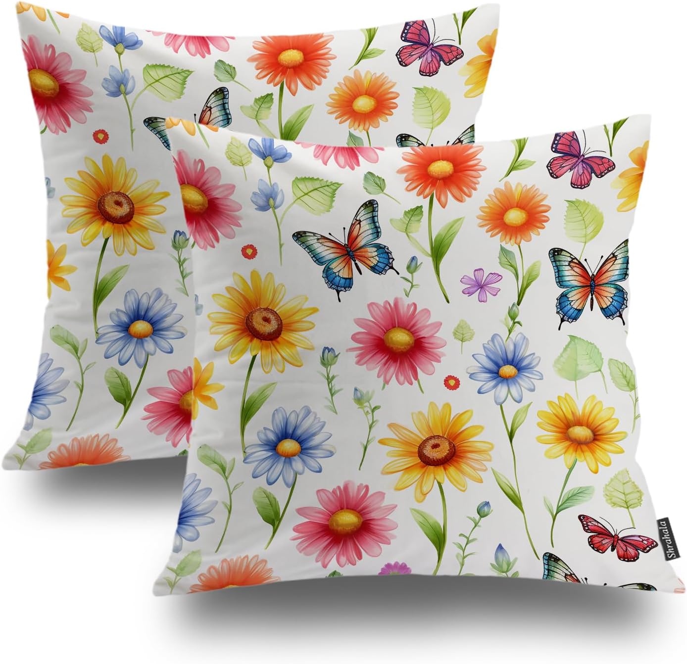 Shrahala Flowers Butterflies Decorative Throw Pillow Cover, Colorful Flowers with Butterflies Square Pillowcase Blended Double-Sided No Inserts for Bedroom Living Room Set of 2 (26 X 26 in)