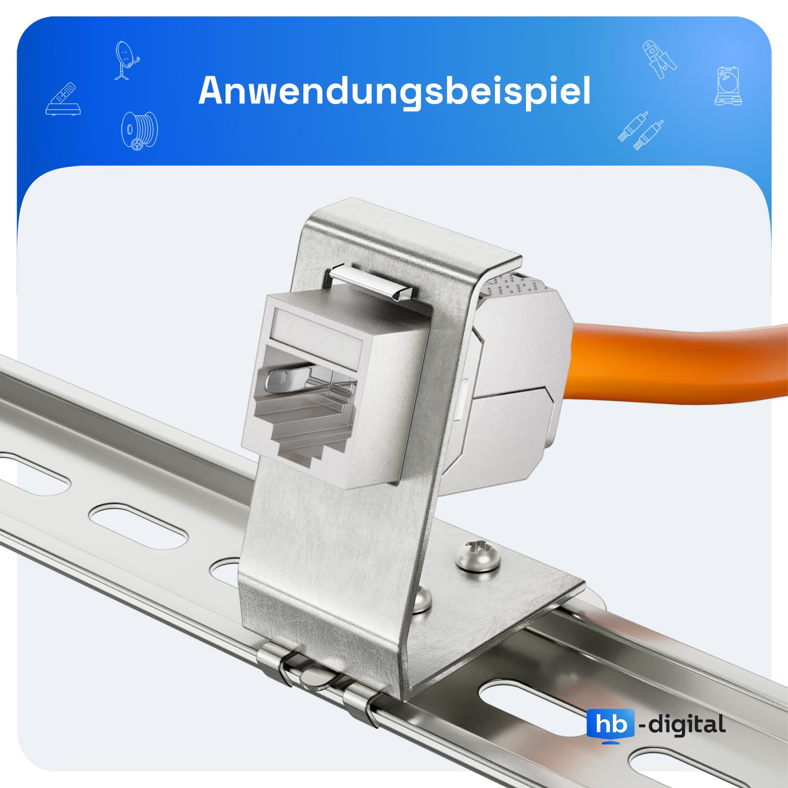 hb-digital CAT 8 4X Keystone Modul mit 4X 1-Port Hutschienenadapter Keystone-Halterung Metall Edelstahl STP 40 Gbit/s 35 mm Hutschienen werkzeuglos LSA