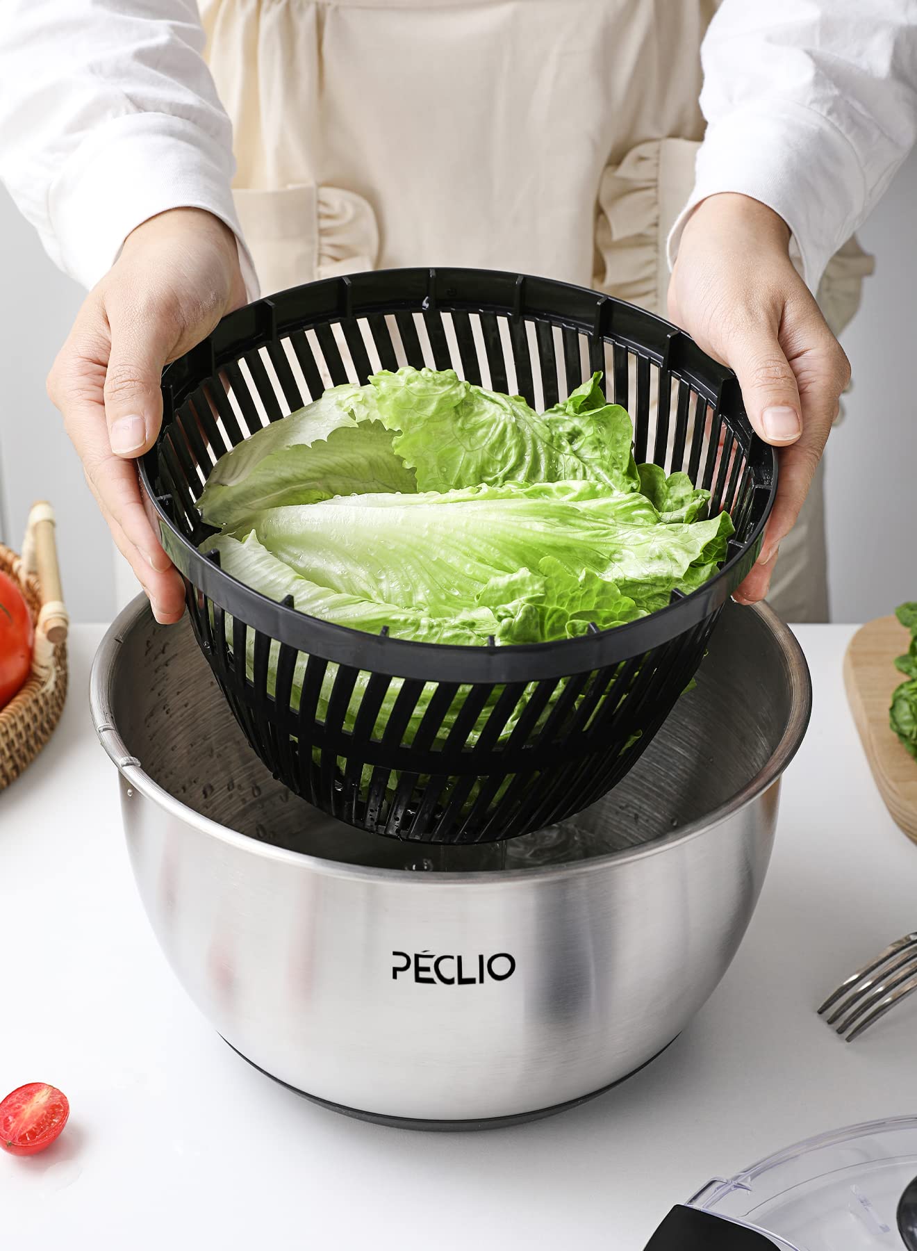 Centrifuga per insalata grande da 4,5 l, in acciaio inox 18/10, di alta qualità, con coperchio trasparente, fondo antiscivolo, centrifuga per insalata con azionamento a manovella, senza BPA e lavabile
