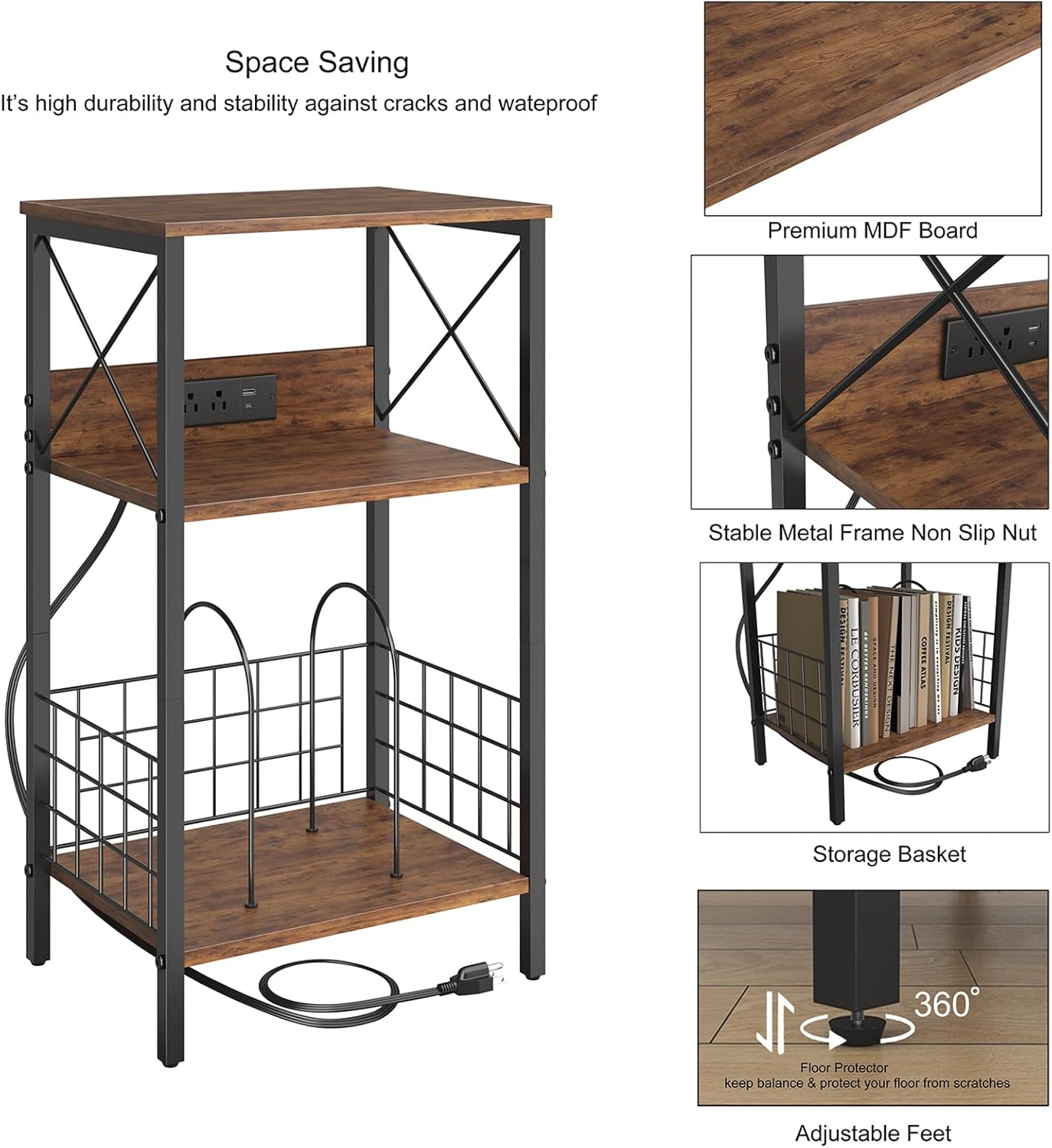 Sthmec 3 Tiers End Table with Charging Station, LED Side Small Table Turntable for Vinyl Storage, Records Player Stand for Albums, Vinyl Holder Shelf Tables for Living Room, Bedroom Rustic Brown