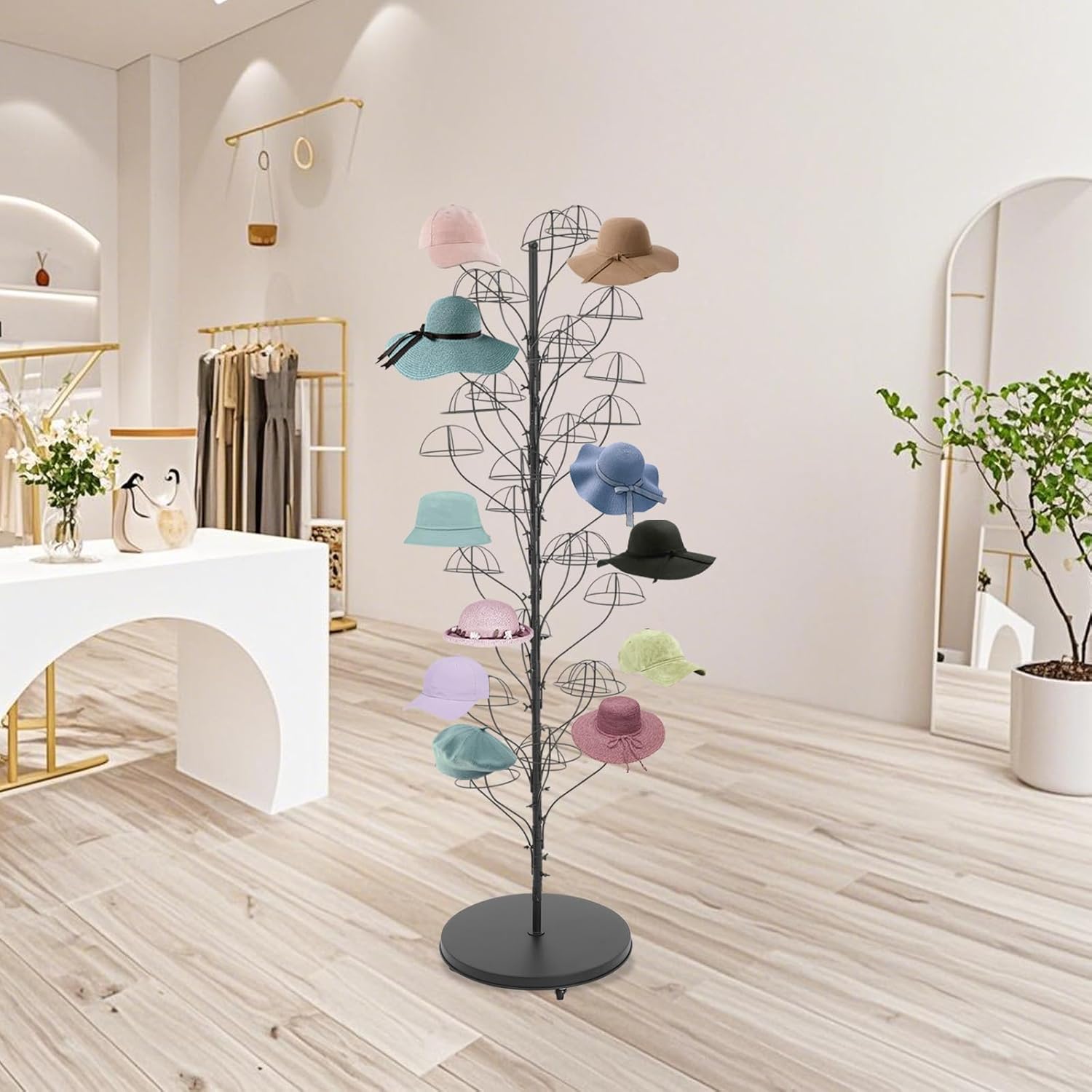 35-hanger Metal Hat Rack, Retail Freestanding Hat Wig Display Stand, Floor-Standing Holder Stand for Hat Wig, Commercial Large Hats Organizer Cap Hanger (Black)