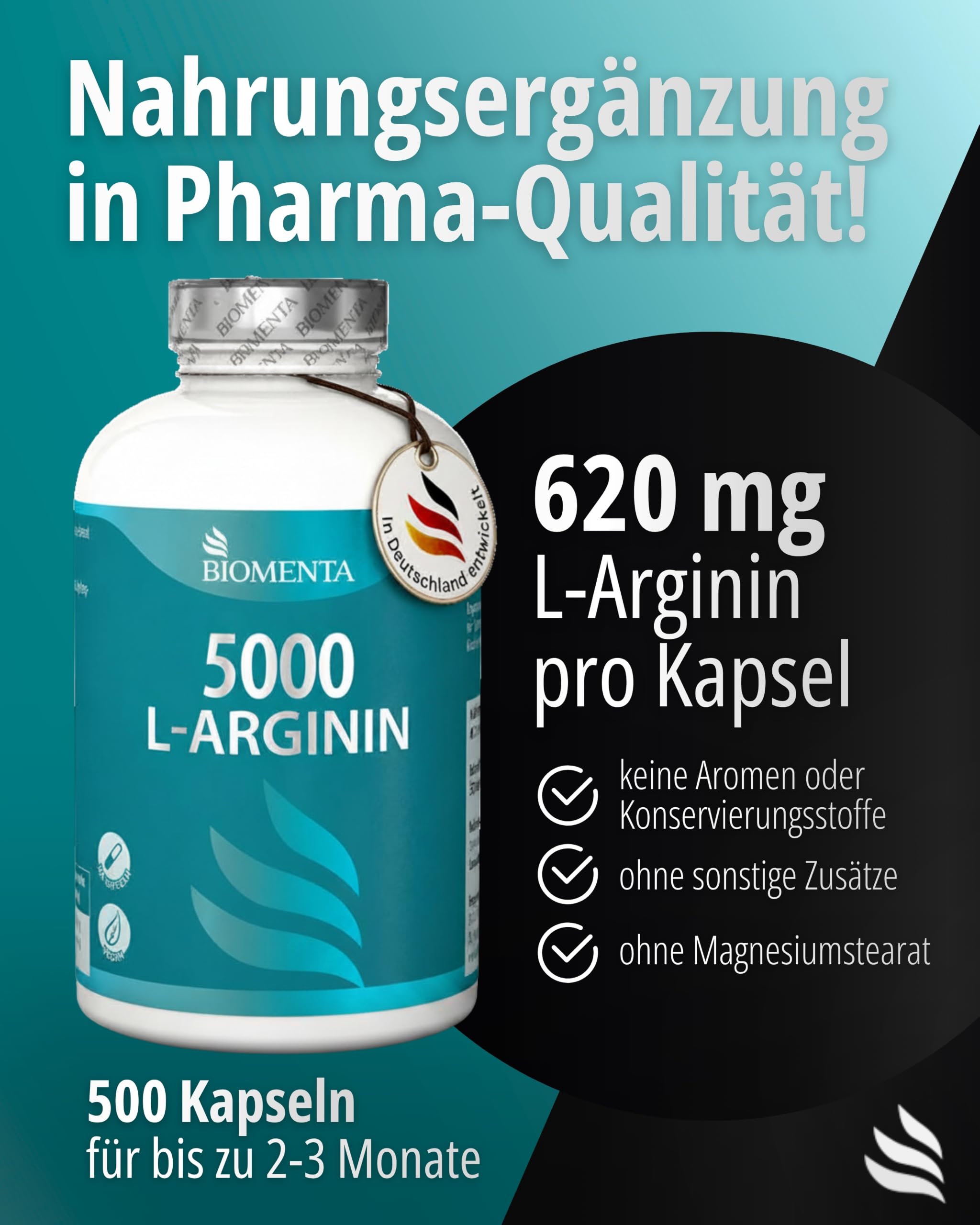 BIOMENTA L-Arginin Hochdosiert I 500 vegane Kapseln mit 620 mg reinen Aminosäuren pro Einheit I Pre Workout Nahrungsergänzungsmittel ohne Zusätze I Rein pflanzlich & laborgeprüft
