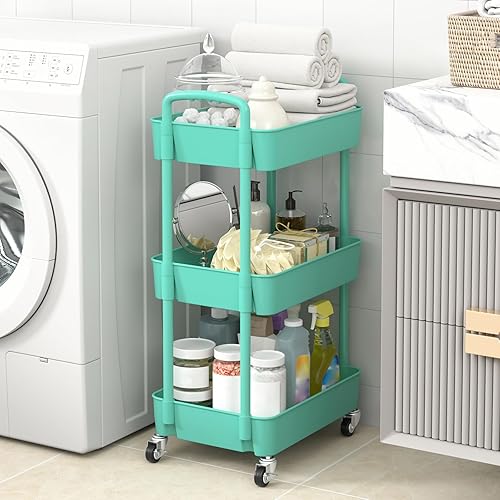 Miniatura 4 de Sywhitta - Carrito rodante de 3 niveles de plástico con asa, carrito de almacenamiento multifuncional para oficina, sala de estar, cocina,