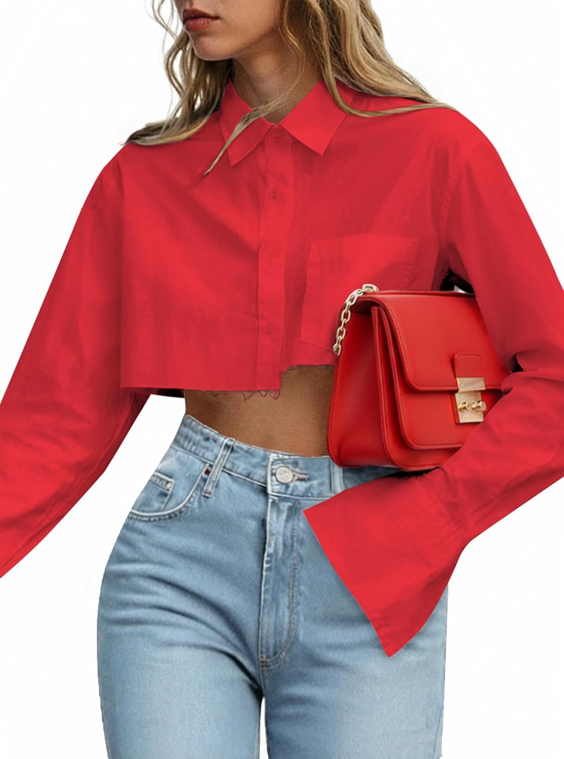 Remidoo Women's Asymmetrical Hem Long Sleeve Cropped Button Down Shirt Crop Top Blouse Streetwear Red X-Large