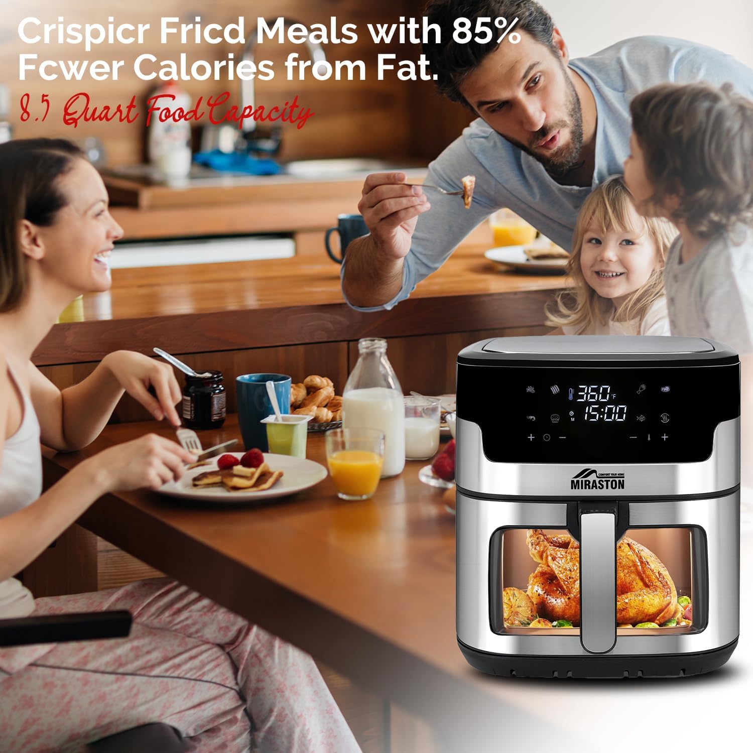 8.5QT Air Fryer with Window, Family Size Stainless Steel Air Fryer Oven, Digital Touchscreen with 8 Presets, Nonstick Square Basket, Air Frying, Reheat, Bake, Dishwasher-Safe for Party