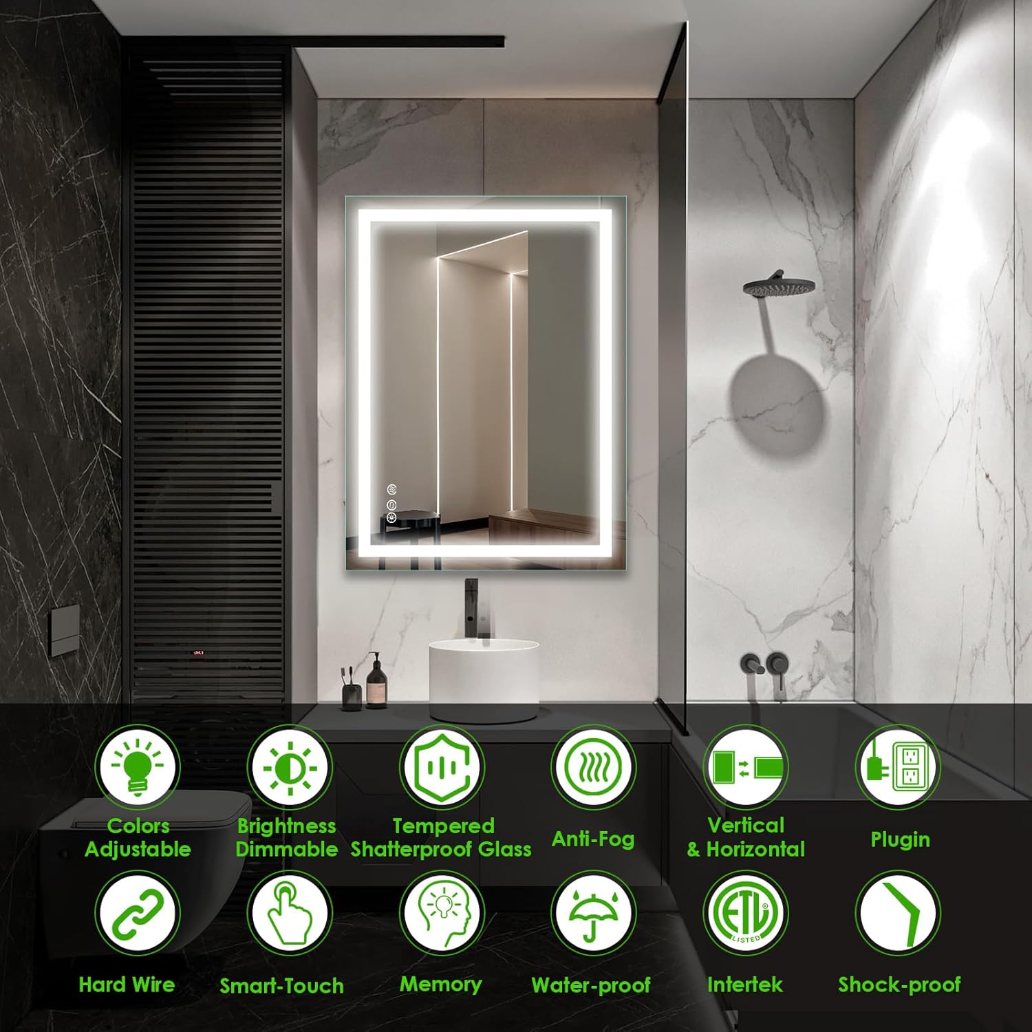 Beelux 28“x 36” LED Bathroom Mirror with Lights, Anti-Fog, Dimmable, Front Lit, Lighted Bathroom Vanity Mirror for Wall, Memory Function, Tempered Glass, Safe to Use, ETL Listed