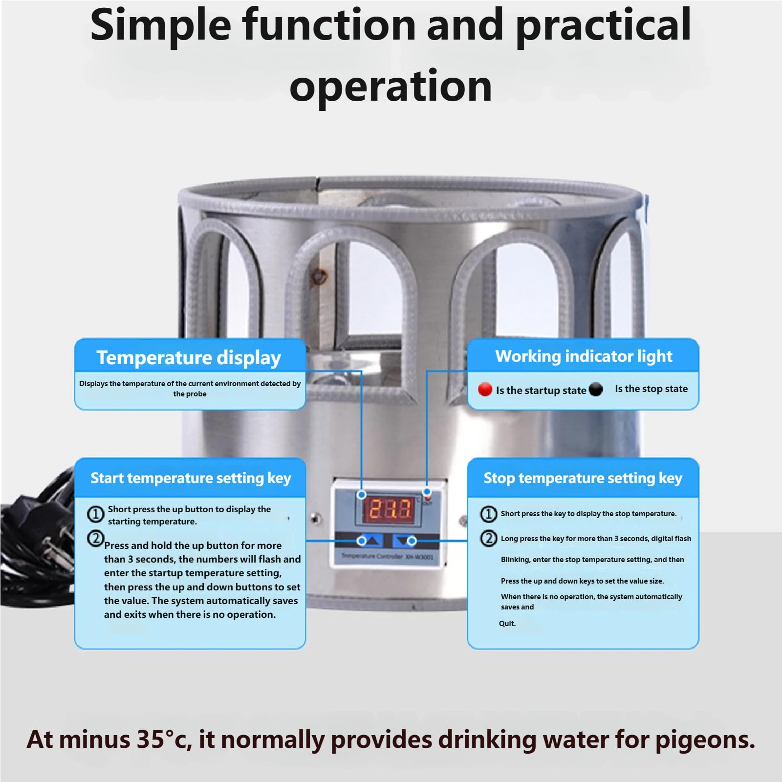 Agua de pollo con calefacción, dispensador de agua de 5 galones con calentador, termostato ajustable, diseño a prueba de congelación para pollos, patos, palomas y gansos