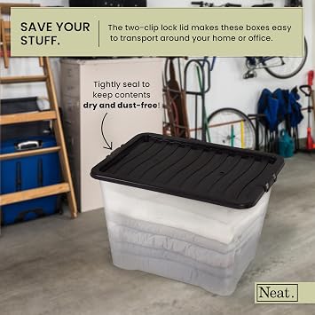Neat. Plastics 80L Storage Box, Clear Base, Black Lid - Organise Easily with Plastic Storage Box with Lid, Ideal Clear Boxes for Storage, Durable Plastic Boxes with Lids Storage, Pack of 3
