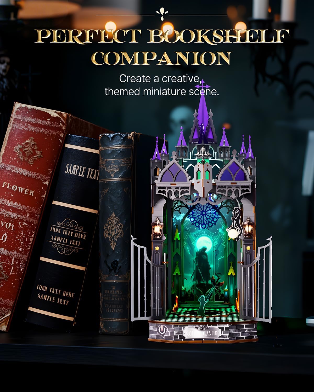 Book Nook Kit for Adults,3D Wooden Puzzle DIY Miniature Booknook Bookend Bookshelf Decor with LED Light,Gothic Castle Bookshelf Insert for Home Decor Gift,3D Wooden Puzzle.