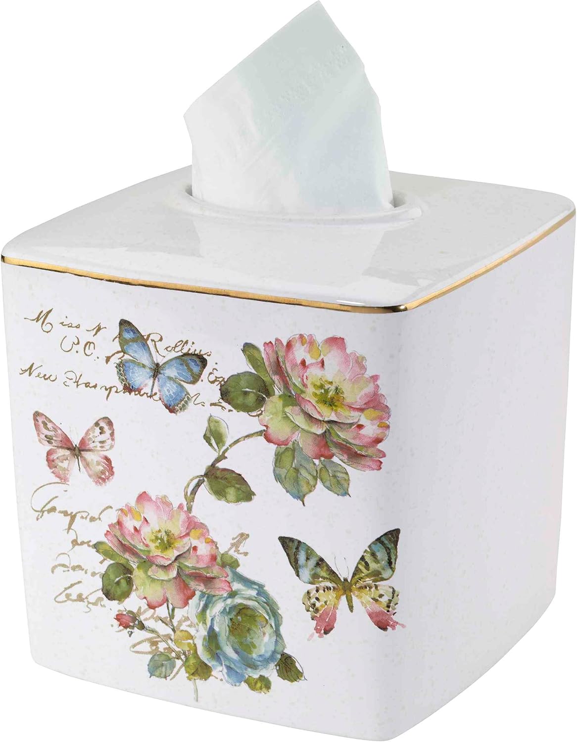 Avanti Linens - Tissue Box Cover, Ceramic Bathroom Accessories, Artistic Home Decor (Butterfly Garden Collection)
