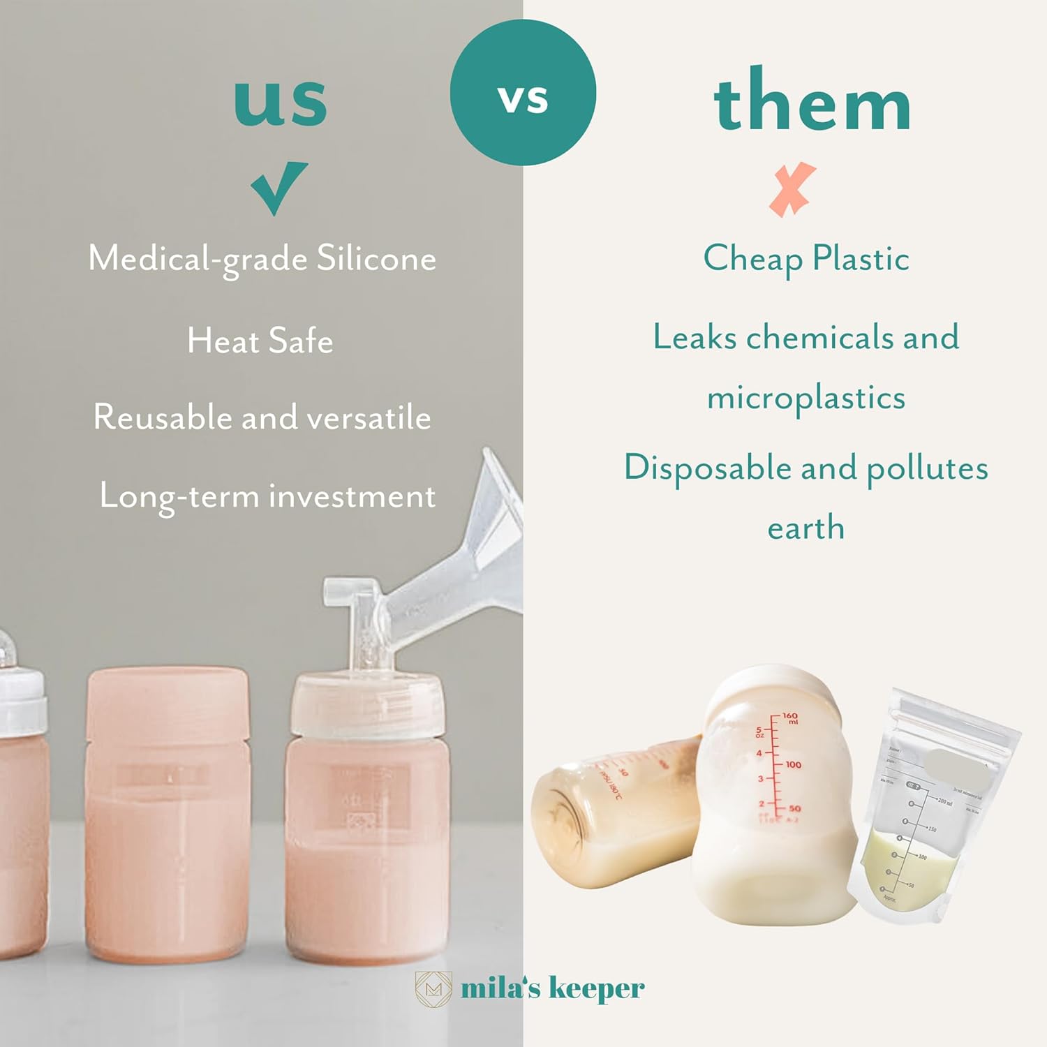 Mila's Keeper Premium Silicone Breast Milk Storage Bottles, for Pumping, Storing and Feeding, Fits Leading Pumps and Nipples, 6 oz Silicone Milk Storage Containers, Wide Neck Multi-Color, Set of 3