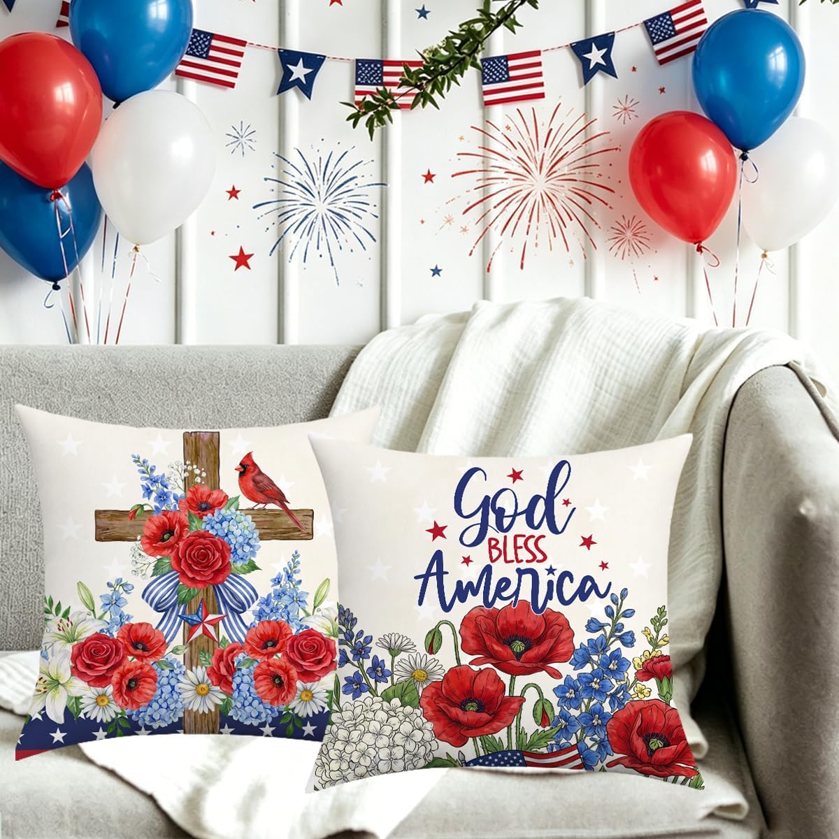 4th of July Decorations Pillow Covers，God Bless America Independence Day Pillows Decorative Throw Pillows Covers for Living Room Home Bedroom Decoration Gifts 2PC A01 image 4