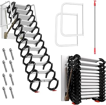 Pull Down Attic Ladder 12FT, Fits 10.5-11 FT Ceiling Height & 27.5x23.6 Inch Opening, 1102LBS Capacity Telescoping Attic Stairs with Armrests, Wall Mounted Foldable Loft Ladder
