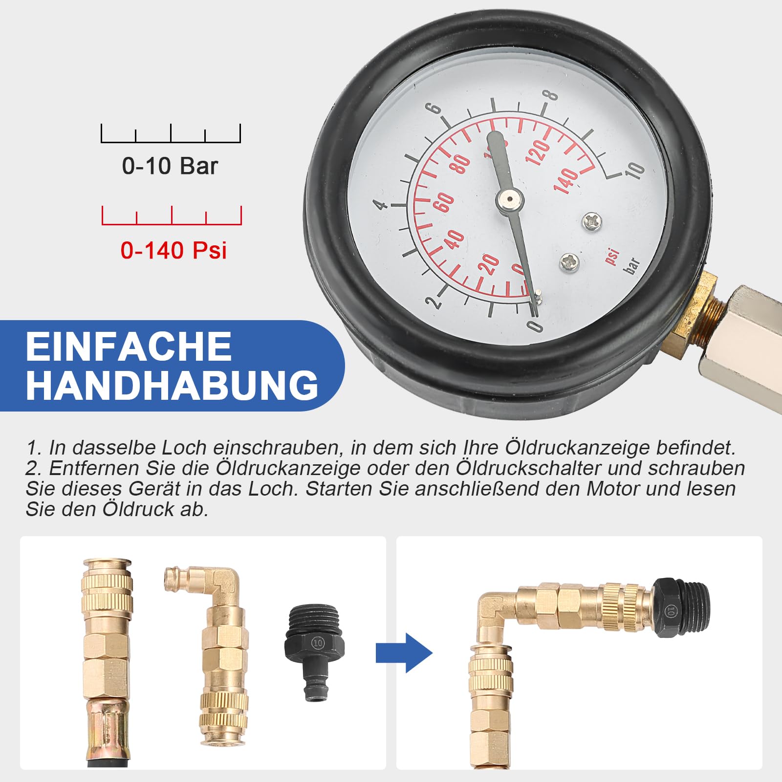 DASBET Öldruckprüfer Öldruckmesser 0–10 bar (0–140 PSI) Motoröl-Drucktester Kit für Zylinder, inkl. Schlauch und Adapter, Öl-Diagnosewerkzeug für Auto, ATV und LKW