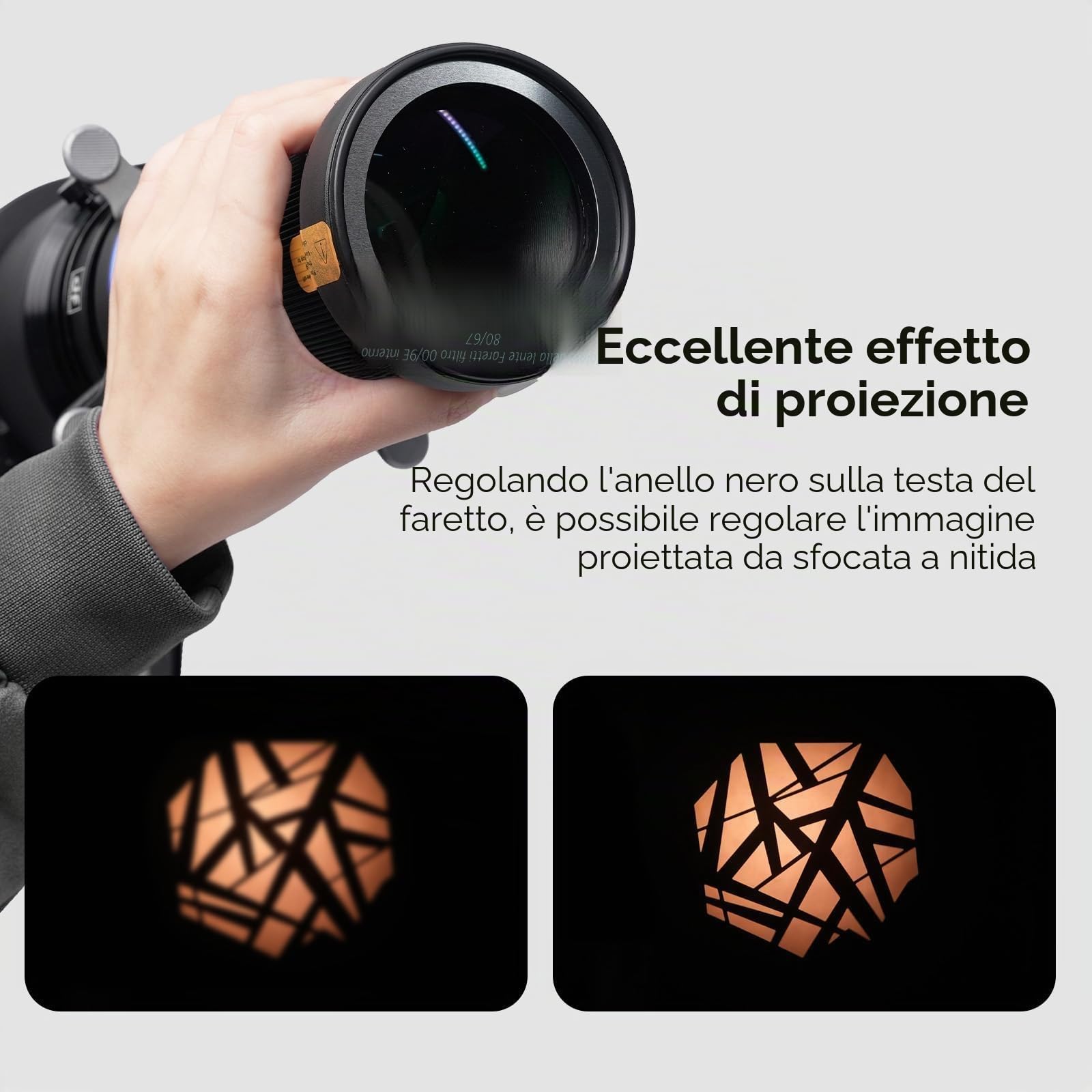 Proiettore Gobo con Snoot Spotlight con Attacco Bowens - Compatibile con Aputure Amaran 60d, Amaran 100X/D 200D/X, 150c/300c, 600x Pro, Storm 400x, Godox SL60, ecc. 5 Filtri Colorati, 30 Gobo