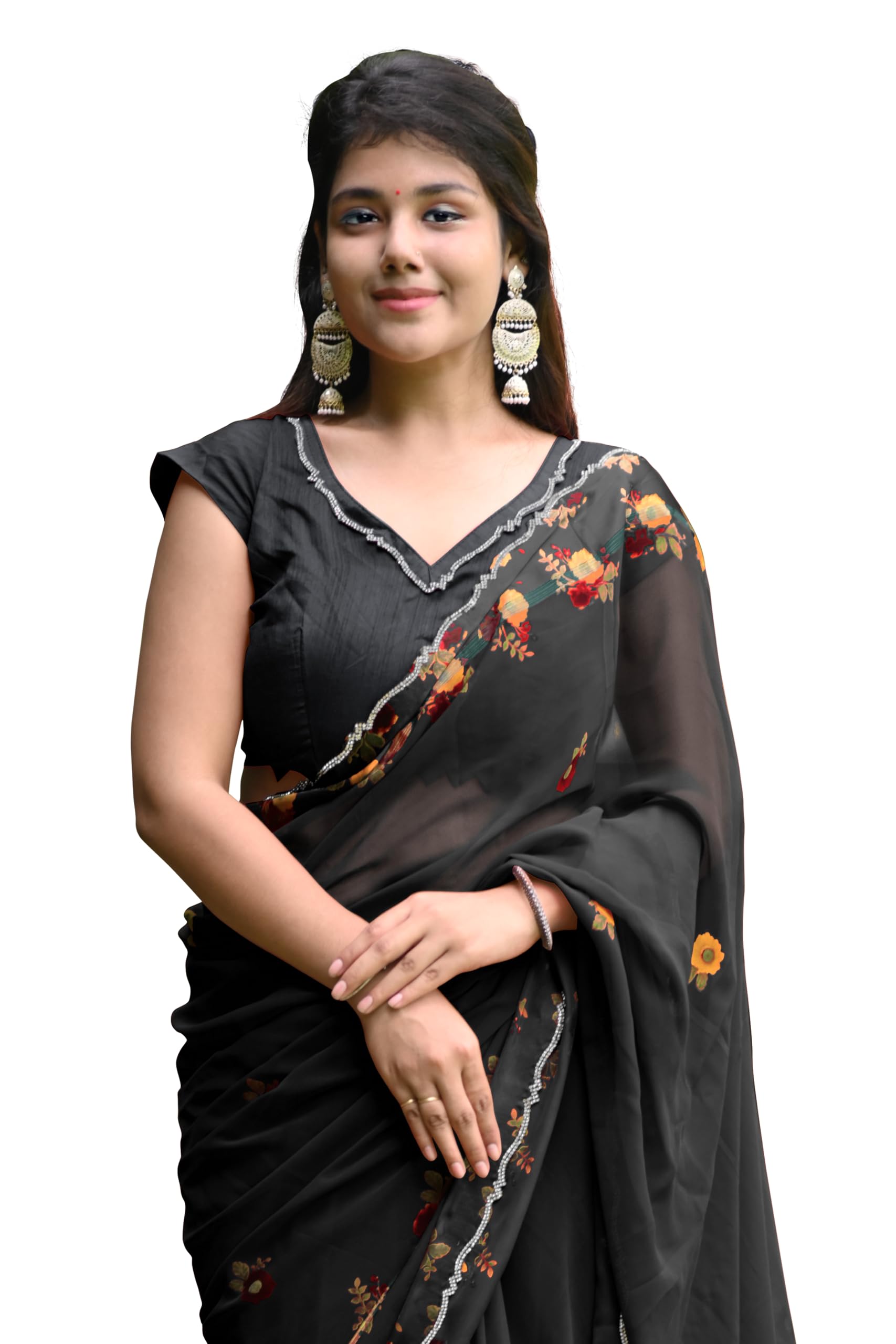 mirchi fashion Women's Georgette Floral Printed Saree with Blouse Piece-picture-14