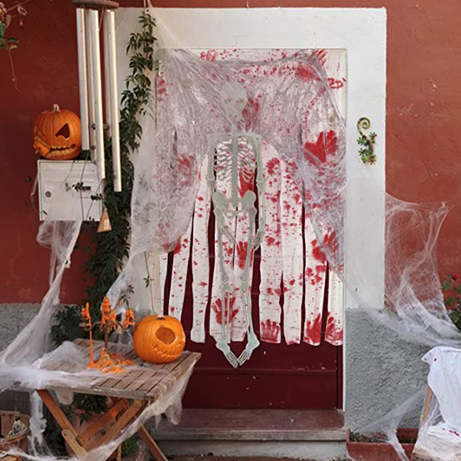 Sfcddtlg Lot De 4 Rideaux De Porte D'Halloween – 165 X 99 Cm – Rideaux De Porte Avec Imprimés Sanglants – Tissu Effrayant Pour Fête D'Halloween, Décoration D'entrée De Maison Hantée (blanc