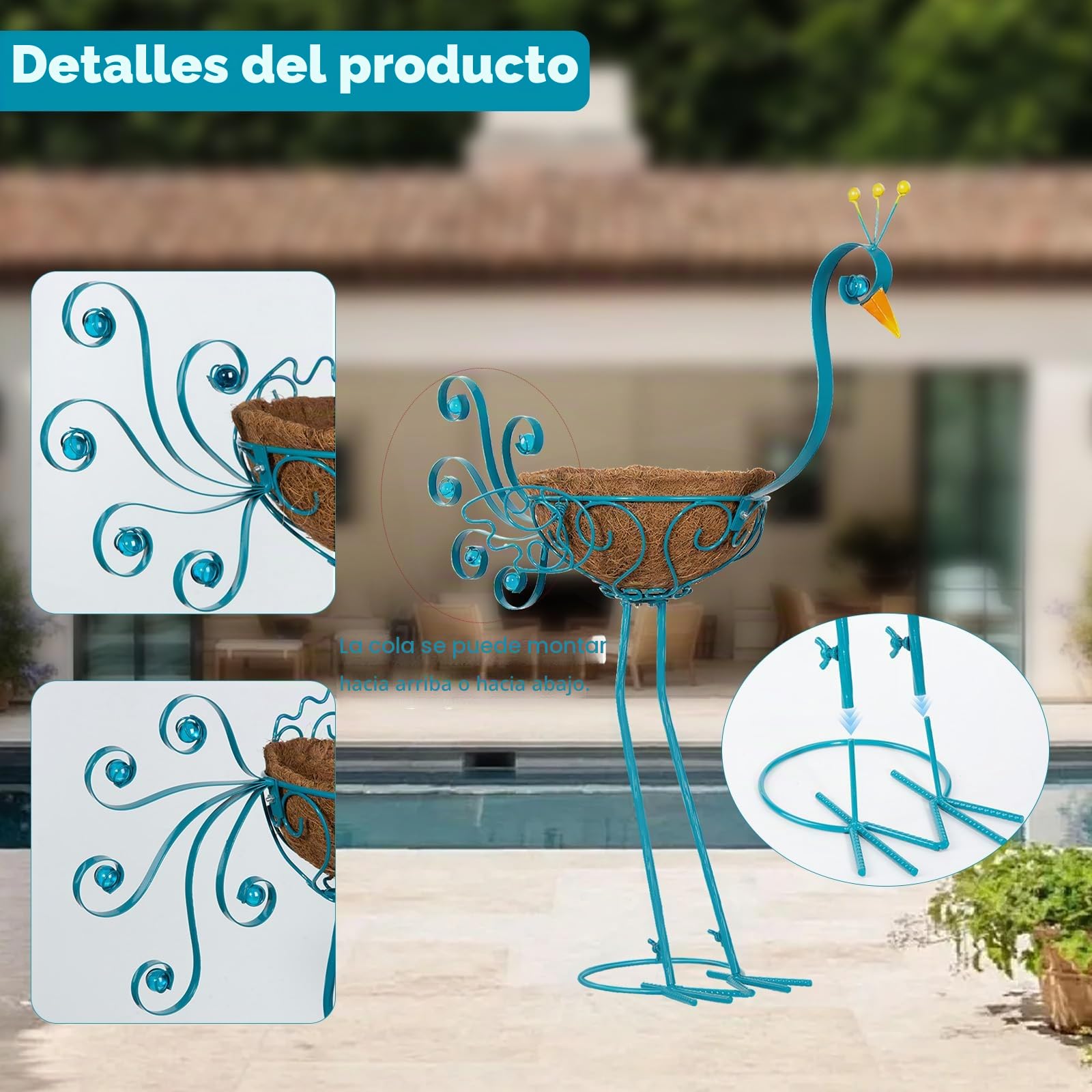 2 macetas de pavo real azul con cesta, jardineras de metal para interior y exterior, decoración de patio