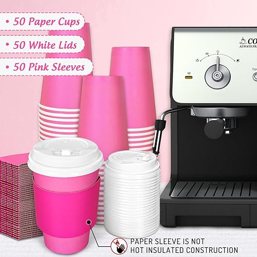 Miniatura 3 de JarThenaAMCS 50 tazas de café desechables de color rosa intenso con tapas y fundas a granel de 12 onzas, tazas de papel aisladas para llevar para