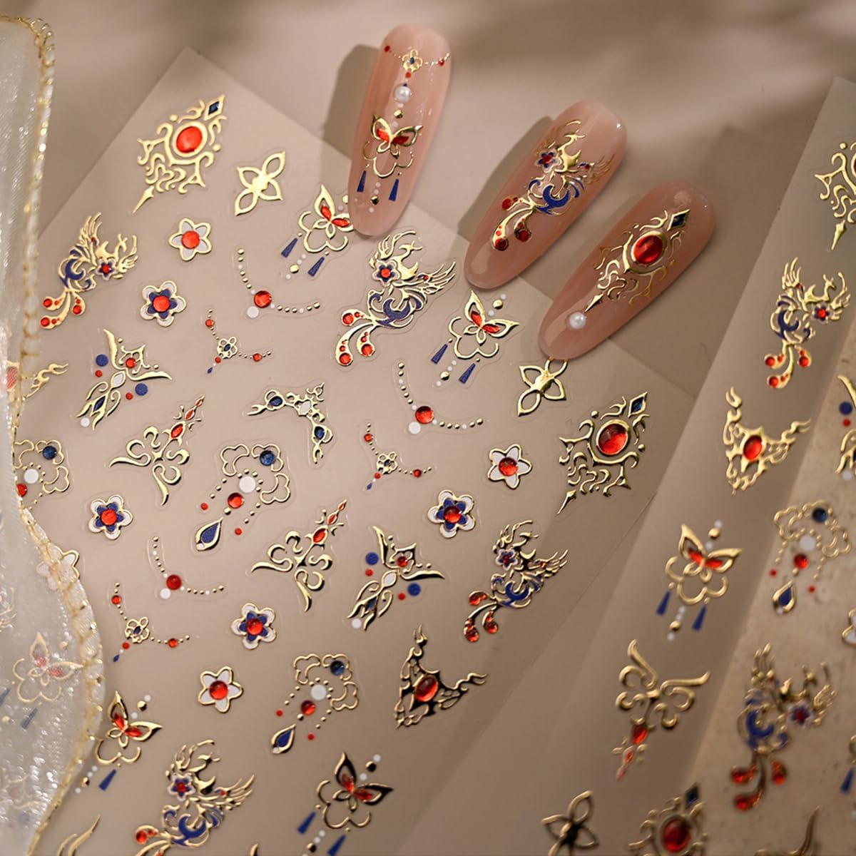 Gold Star Nail Art Stickers Colorful Diamond Nail Stickers, Gemstones Nail Decals, 5D Embossed Rhinestones Self-Adhesive Luxury Nail Decorations for Women 1 Sheet