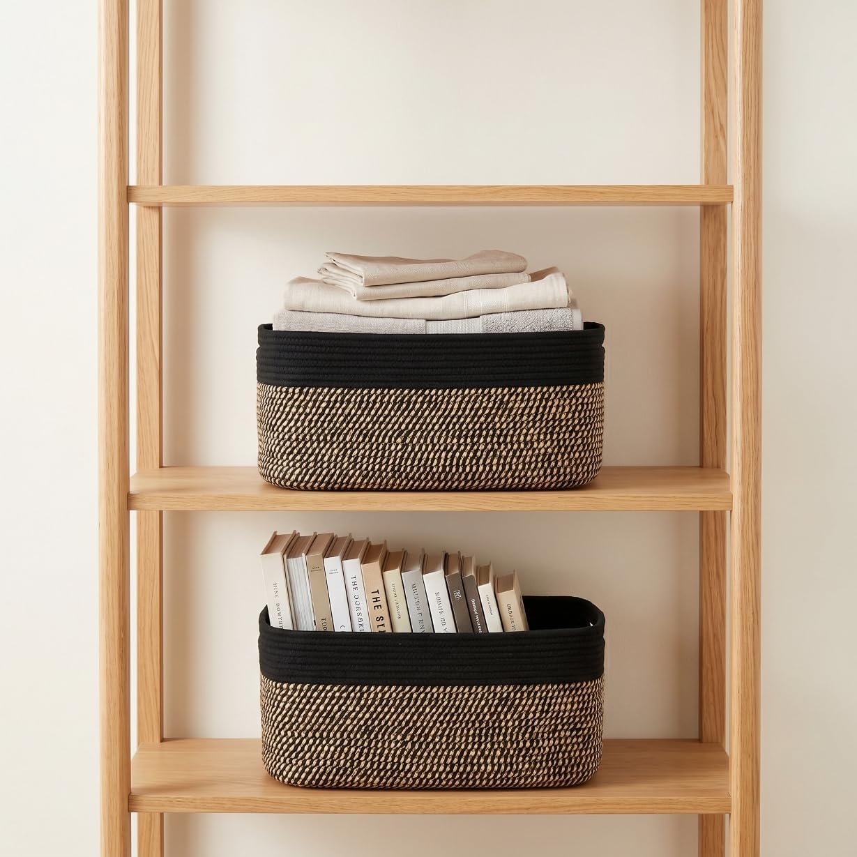 Storage Basket for Shelves, 3 Pack 16.8’’x13’’x7.5’’ Woven Storage Baskets, Rope Baskets for Organizing, Great for Nursery, Closet, Laundry Rooms, Kitchen & Bathrooms, Black & Mixed Black