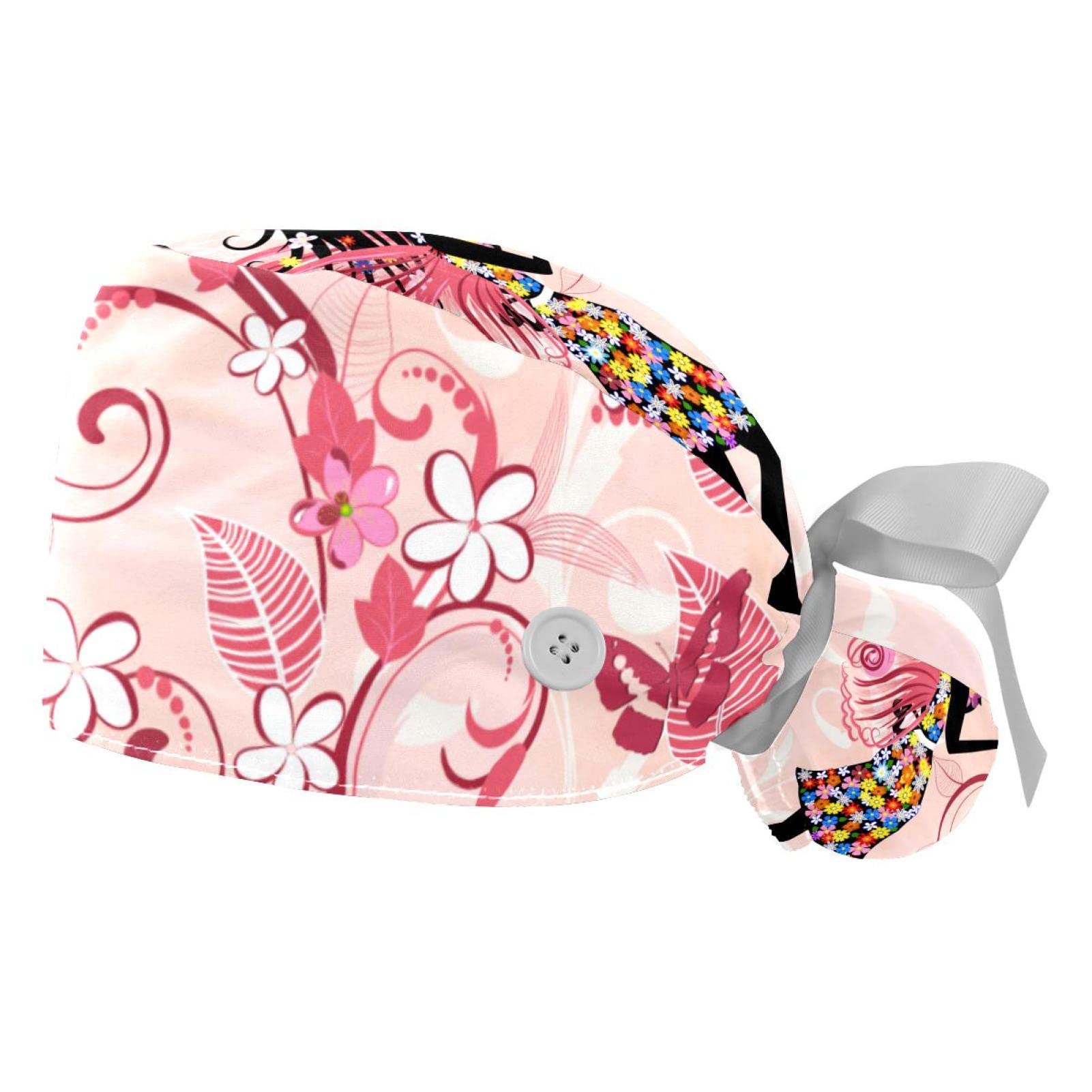 Beauty Fairy Girl Scrub Caps Hats Women Bouffant Working Hat Ponytail Holder for Women Long Hair Covers 2PCS