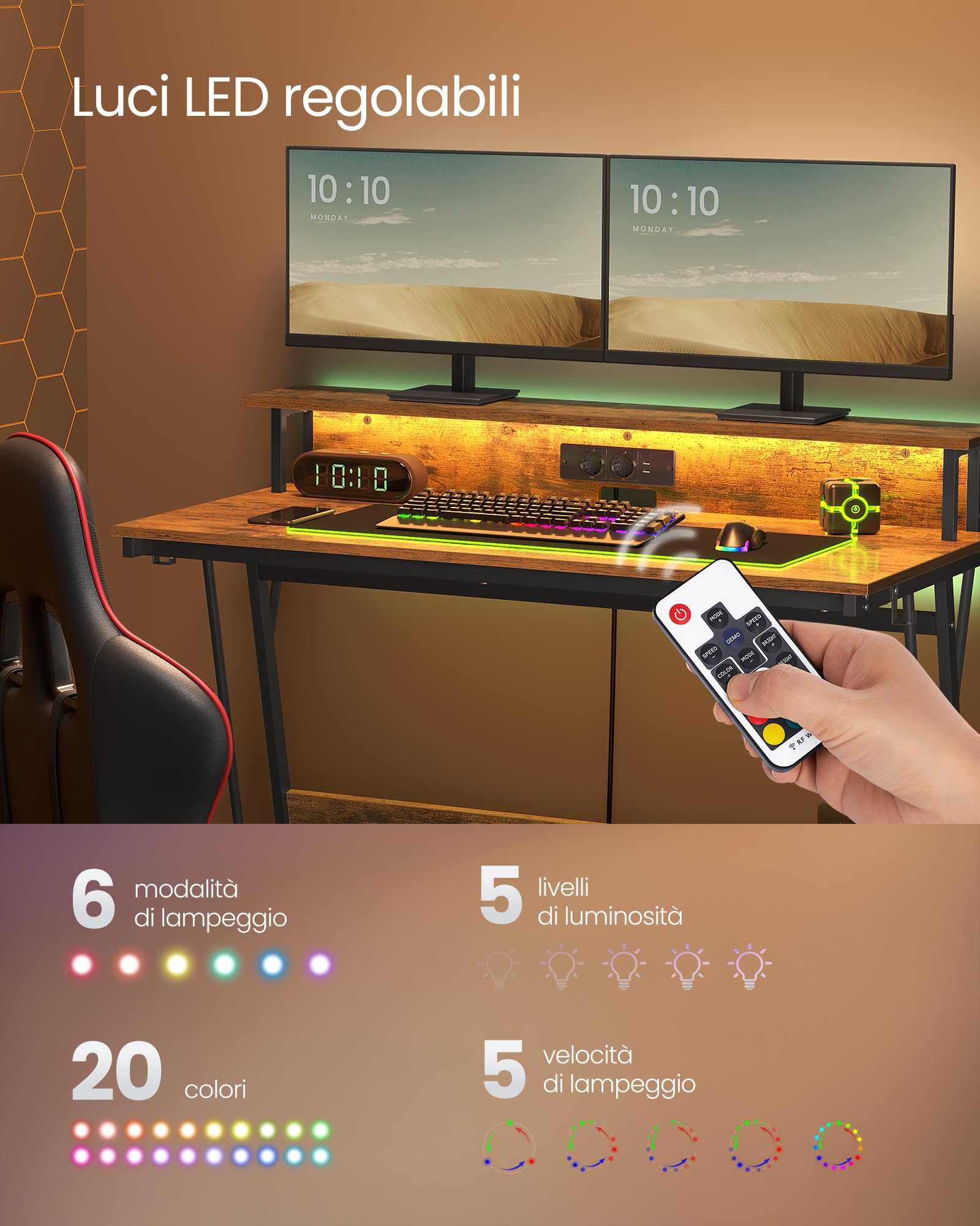 VASAGLE Scrivania Computer Con Luci LED E Prese USB - Scrivania Ufficio/Gaming Con Supporto Monitor E 2 Cassetti - 135x55x90 Cm Marrone Vintage - Foto 4