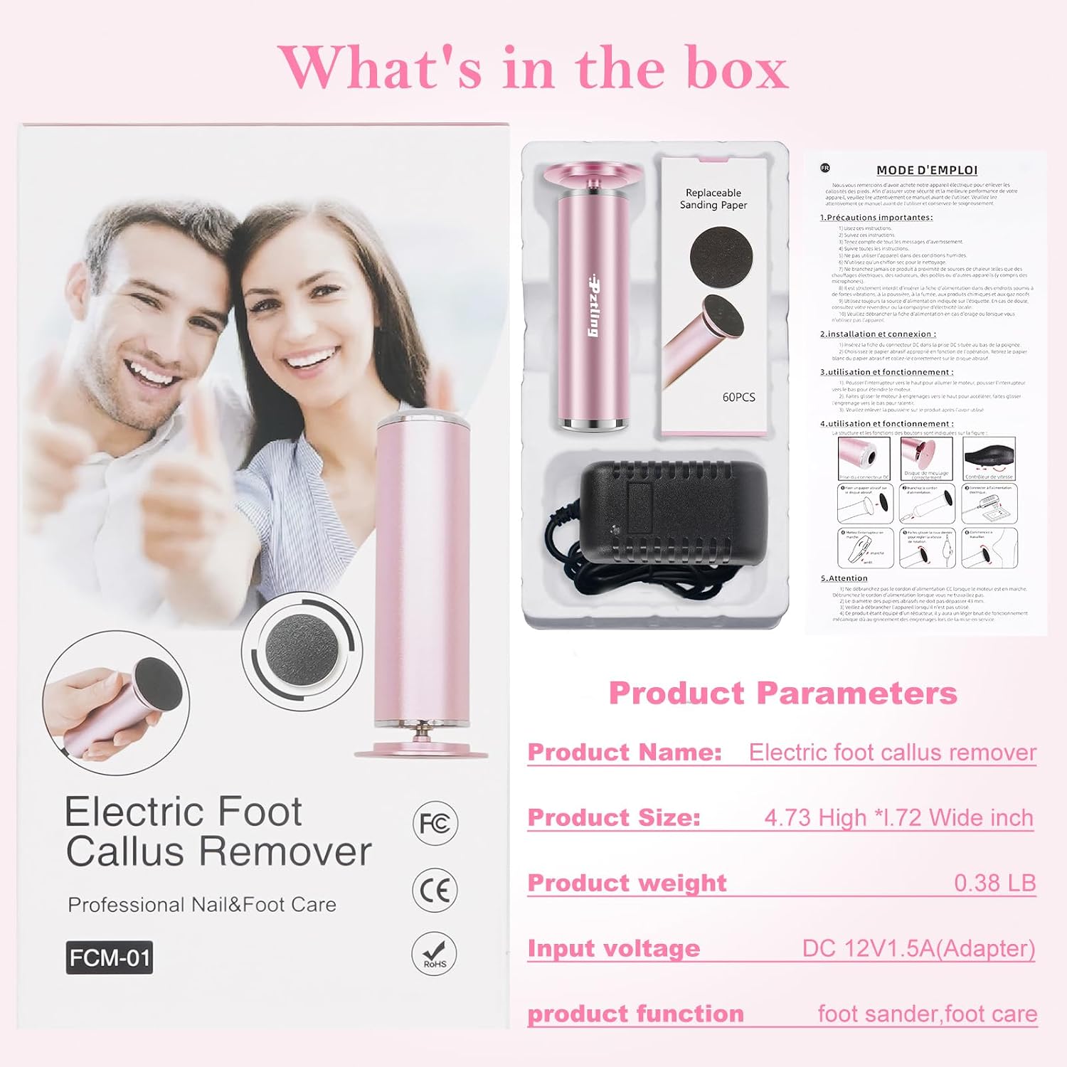Electric Foot Callus Remover,Powerful Electric Foot File, Professional Adjustable Speed Pedicure Tool with 60 Pcs Replacement Sandpaper Discs for Dead Skin and Calluses-Pink
