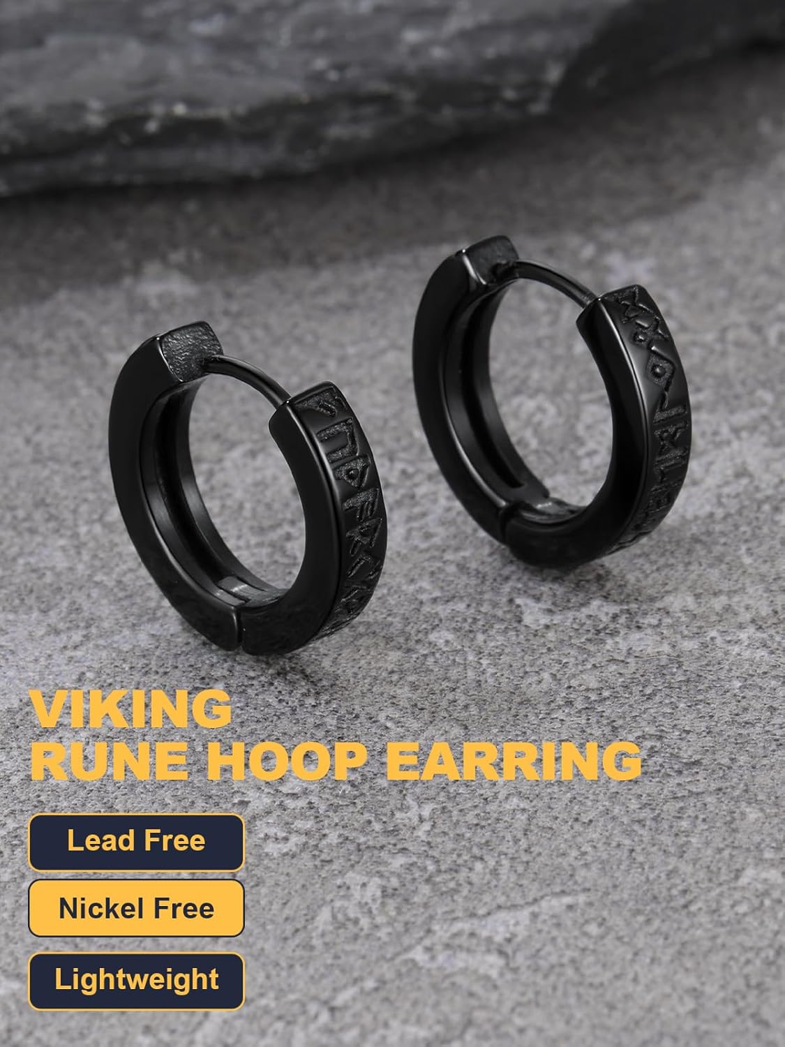 U7 Viking Hoop Earring for Men Stainless Steel/Black/Gold Huggie Hoops Earrings, Norse Viking Runes Hoop/Hexagon/Triangle Punk Jewelry Hypoallergenic Gift for Men Women - Image 5