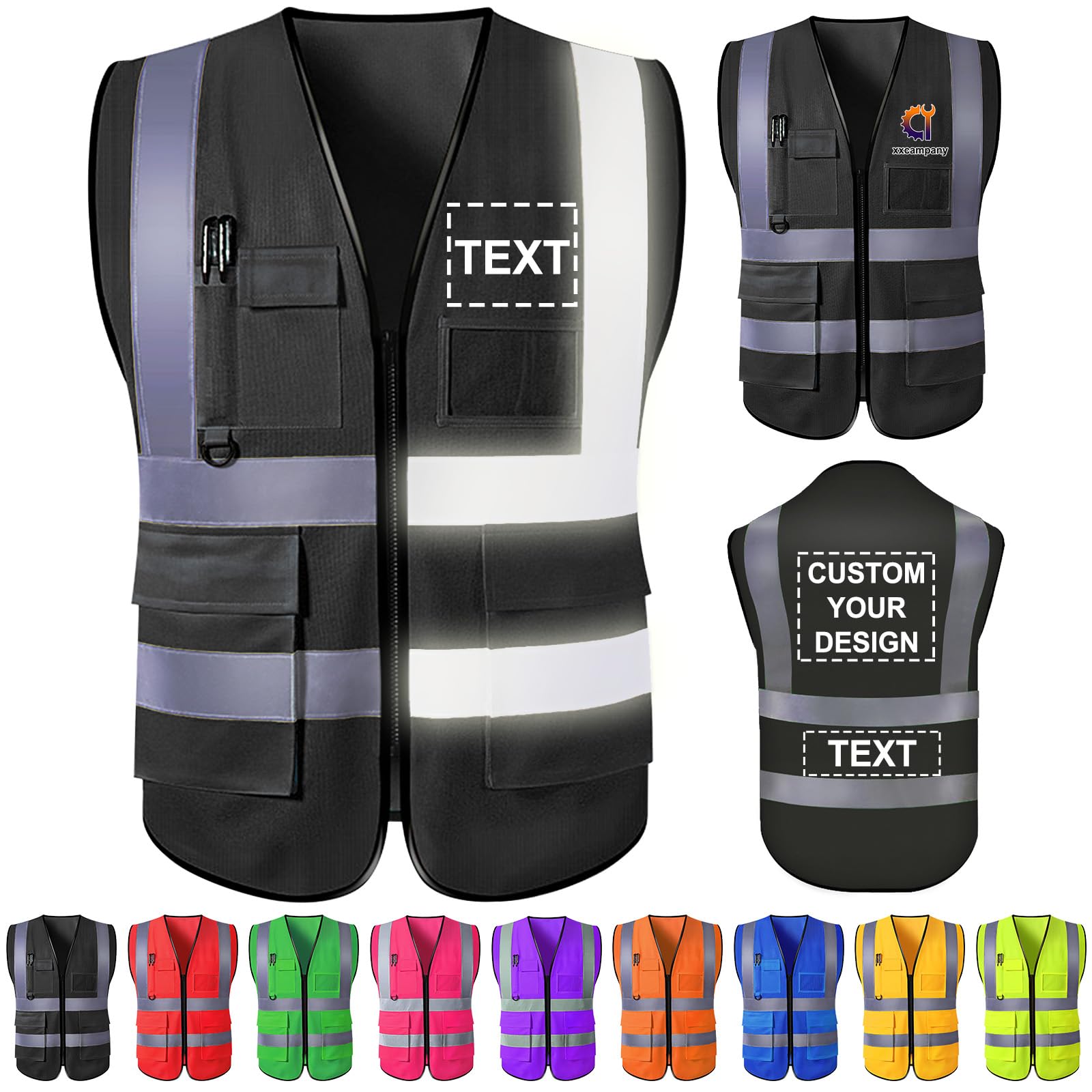 Custom Safety Vest with Logo High Visibility Reflective Vests Pockets Zipper Personalised Class 2 Construction Workwear Men Women