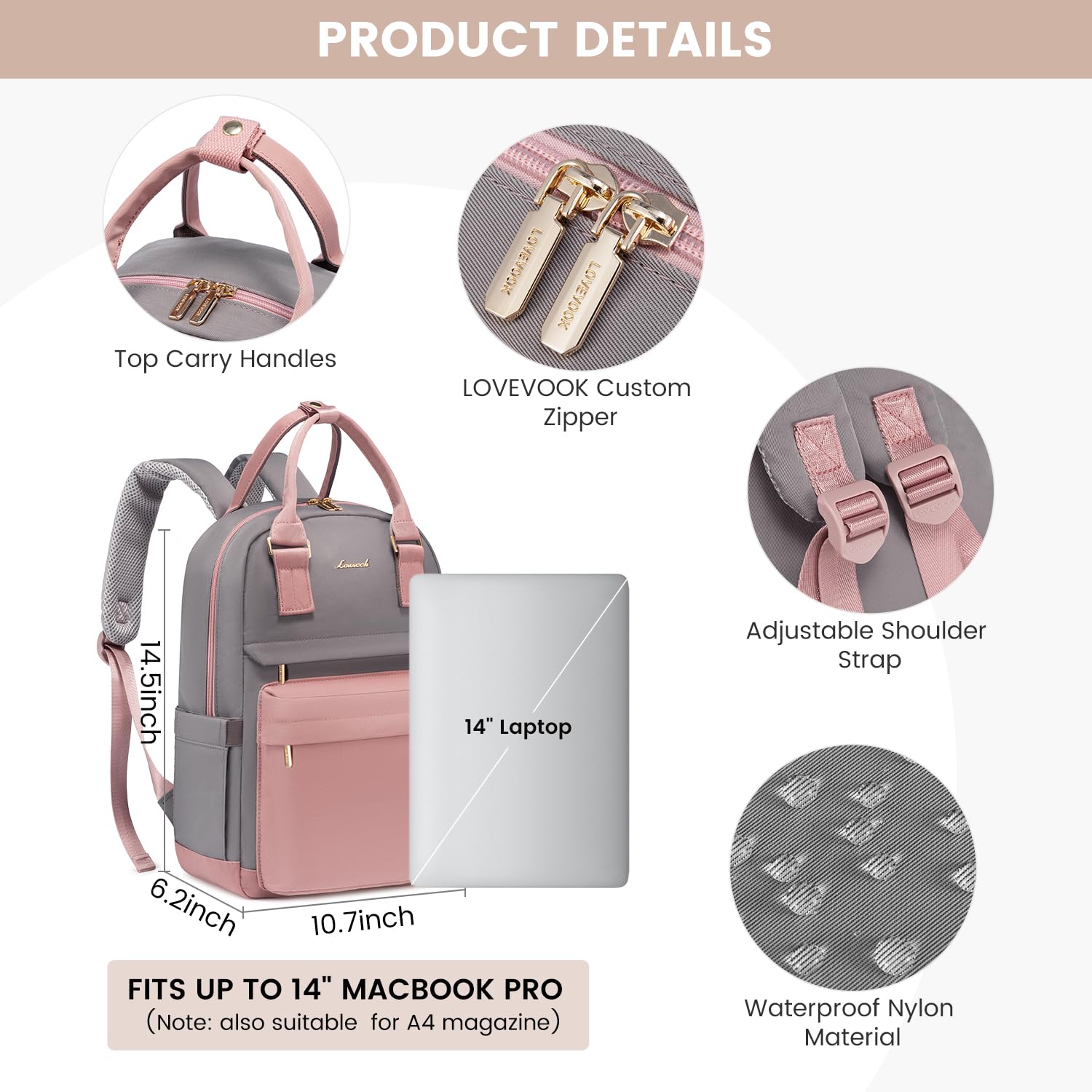 Mini mochila para mujeres y niñas, elegante mochila impermeable con puerto USB, bonita mochila para la escuela, viajes, fiestas, Rosa & Gris, 14 pulg., Mochilas Daypack 6