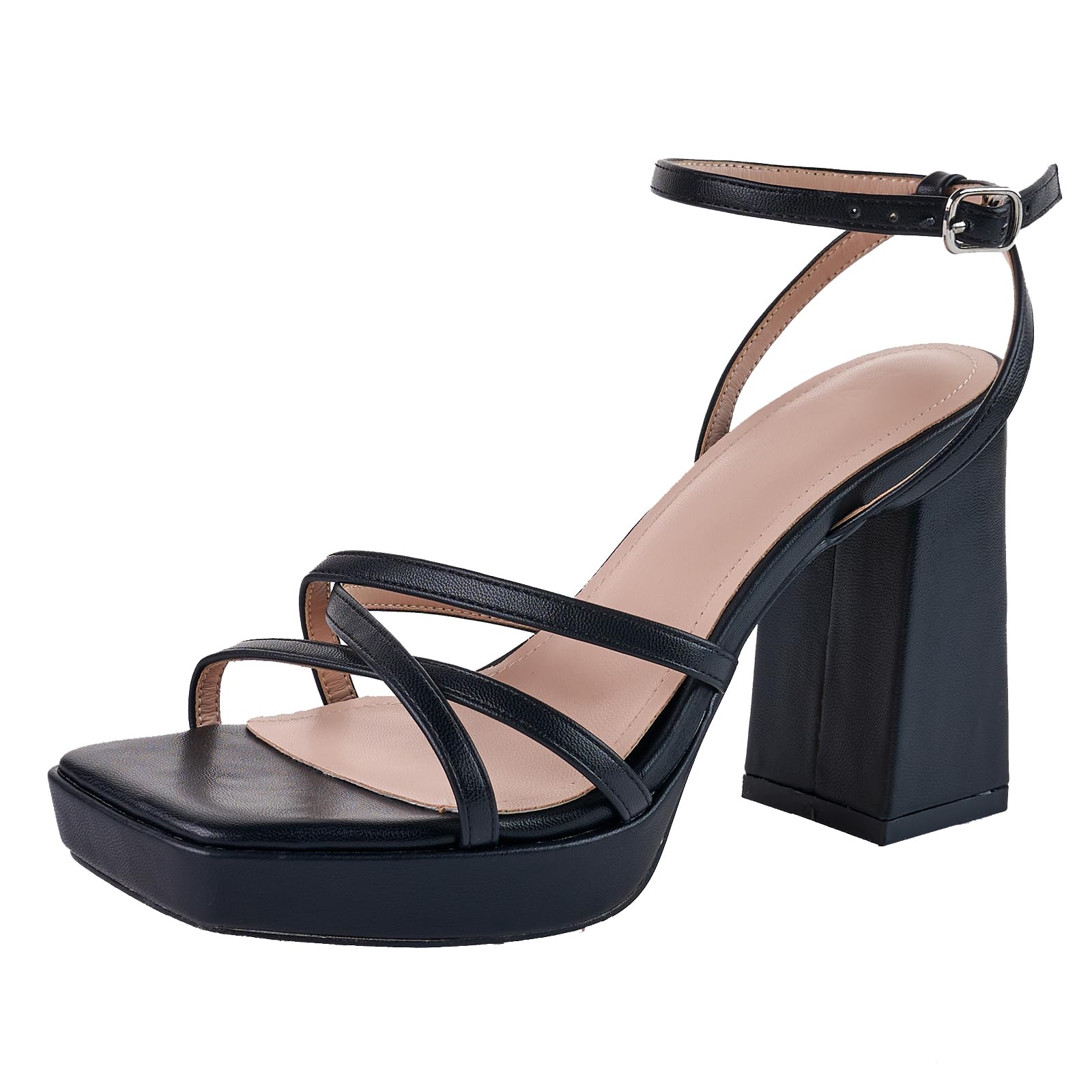 Y2k Shoes Women LALA IKAI Women's Platform Strappy Heels - Chunky Block  Heel Sandals With Ankle Strap \u0026 Square Toe Black Strappy Chunky Heels, image size:1600x1600