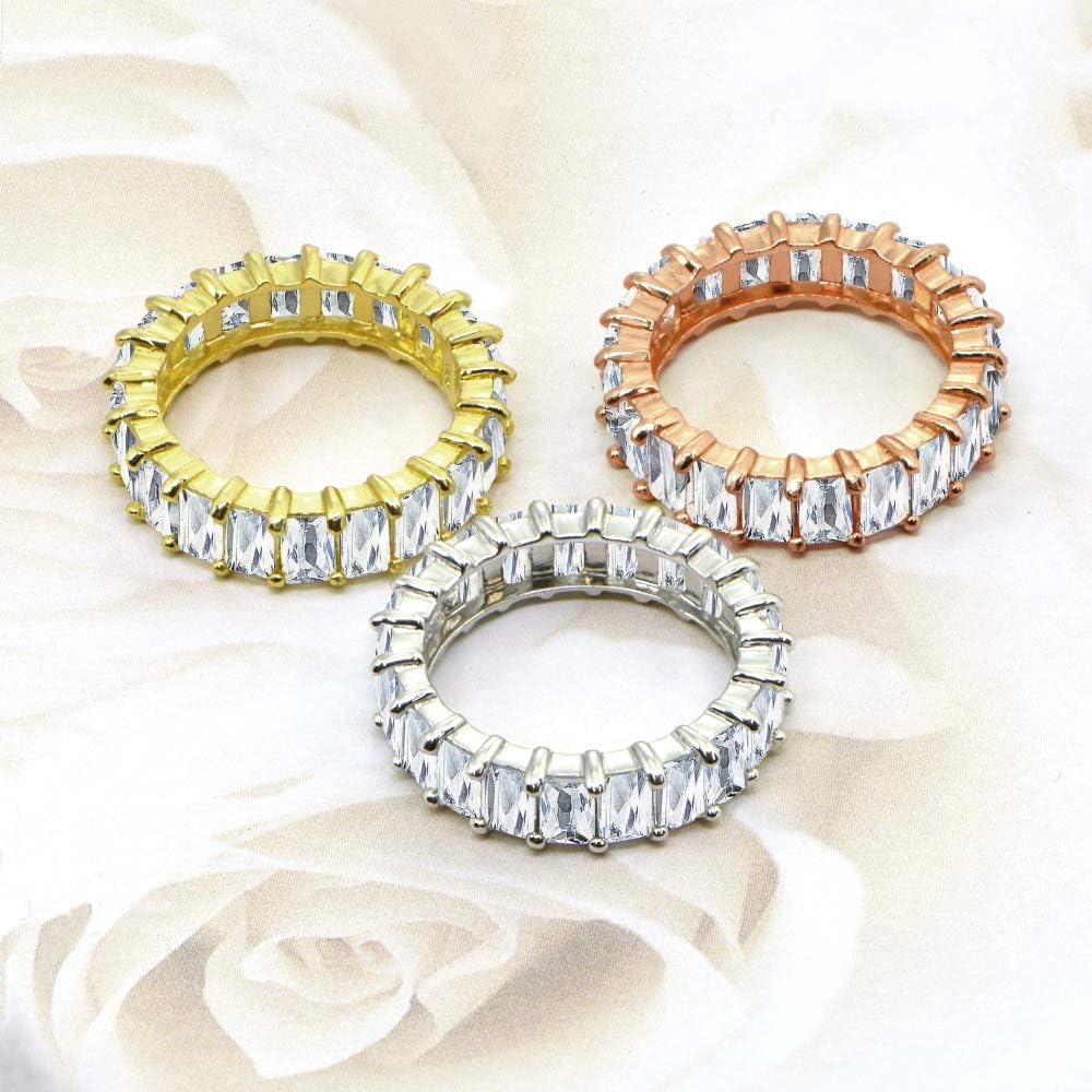 Hoops & Loops 925 Sterling Silver Cubic Zirconia 5x3mm Baguette-Cut Anniversary Eternity Wedding Band Ring for Women, Silver Yellow Rose Gold 5-10
