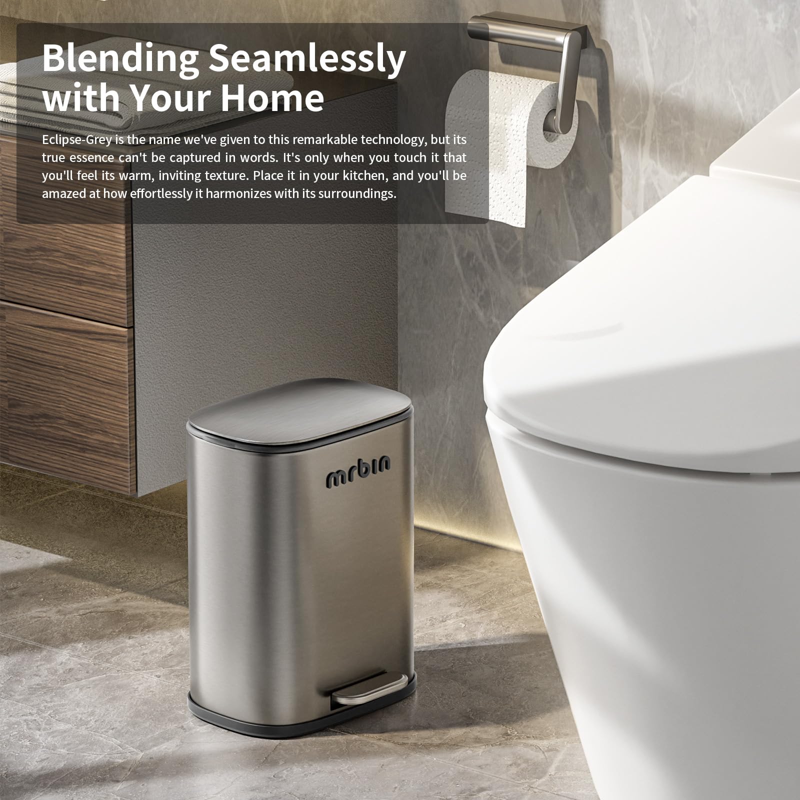 MRBIN Stainless Steel Trash Can With Soft-Close Lid - 6L Small Bathroom/Bedroom Wastebasket, Foot Pedal, Fingerprint-Proof Eclipse Grey - View #10