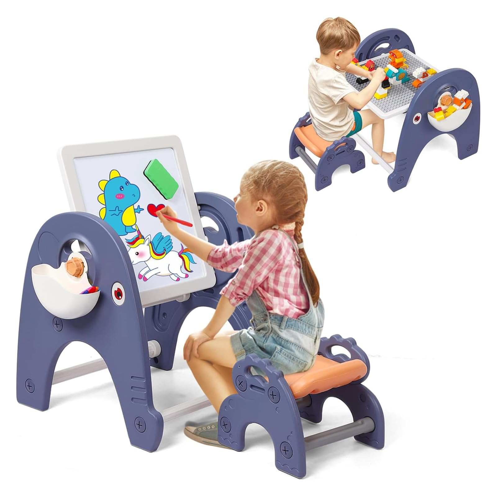 U-HOOME Easel for Kids, Standing Art Easel with Magnetic Painting Board & Building Blocks, 2 in 1 Kids Table & Chair Set, Children Convertible Activity Table Set for Drawing Reading Art Playroom