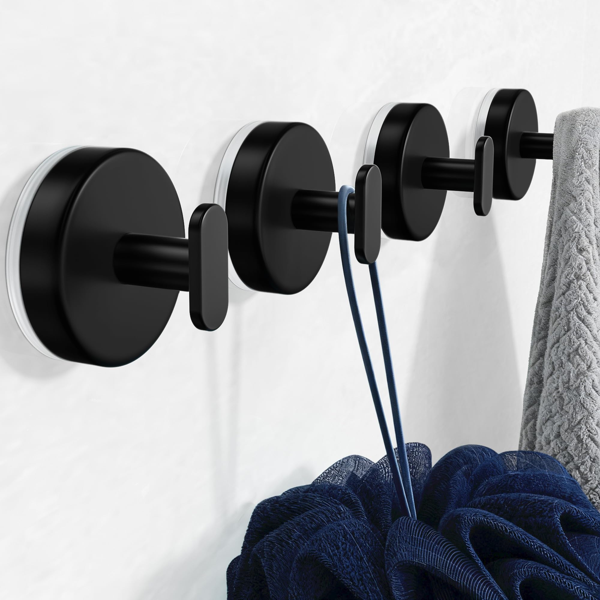 pickpiff Ganchos de ventosa ducha: Colgador extra fuerte de 6,8 kg para baño, cocina, puerta, espejo, azulejos, vidrio – Para toallas, esponjas, abrigos, batas –,negro mate, paquete de 4