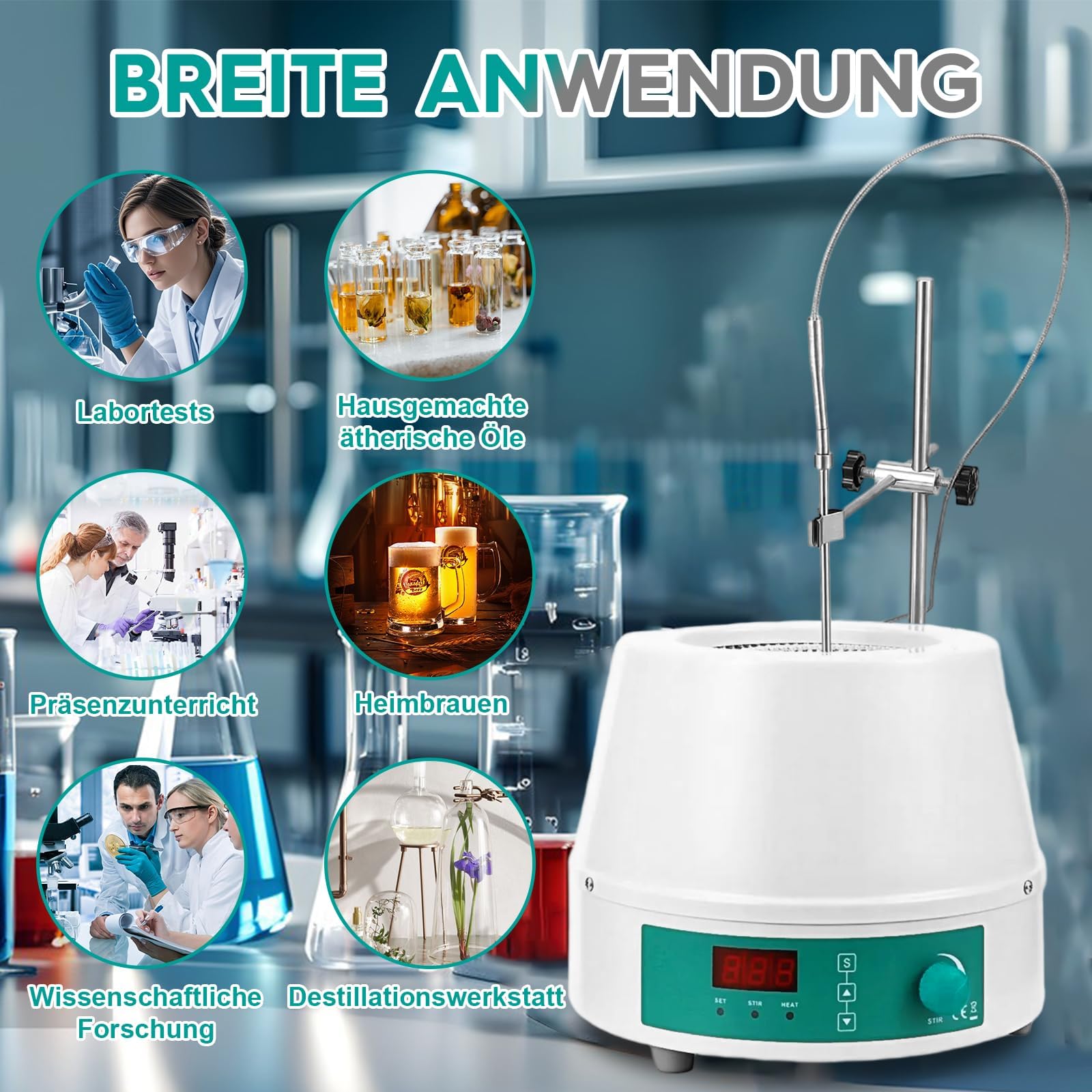Bata térmica de laboratorio de 1000 ml con indicador digital de temperatura, 0-1600 rpm, 220 V/350 W, temperatura máxima de calentamiento de hasta 450 °C, calentamiento y agitación