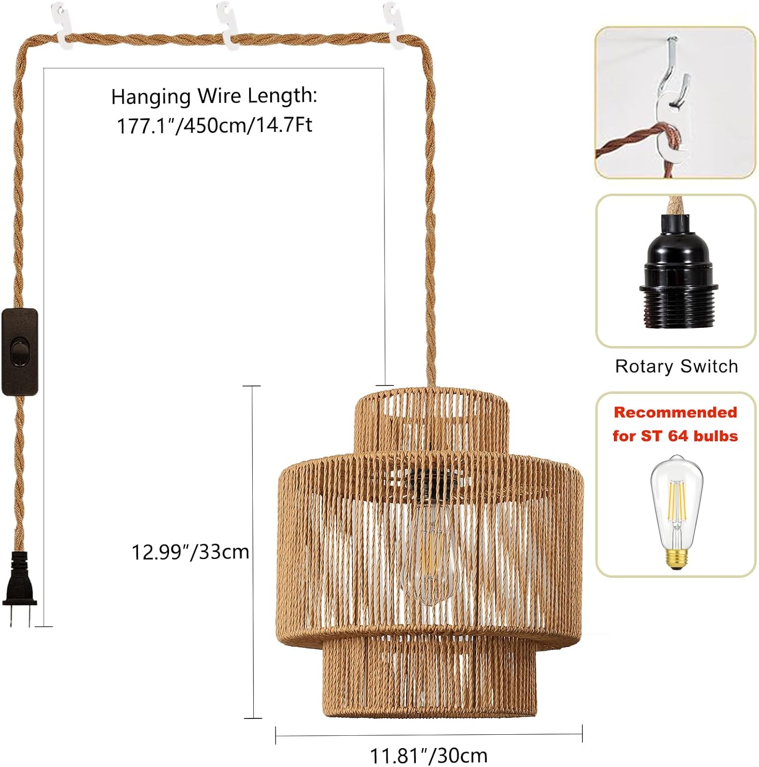 Boho Hanging Lamp Plug in : 14.7 ft Hanging Lights with Plug in Cord and On/Off Switch, Rattan Pendant Lamp for Living Room, Bedroom, Dining Room, Kitchen, E26 Base No Bulb