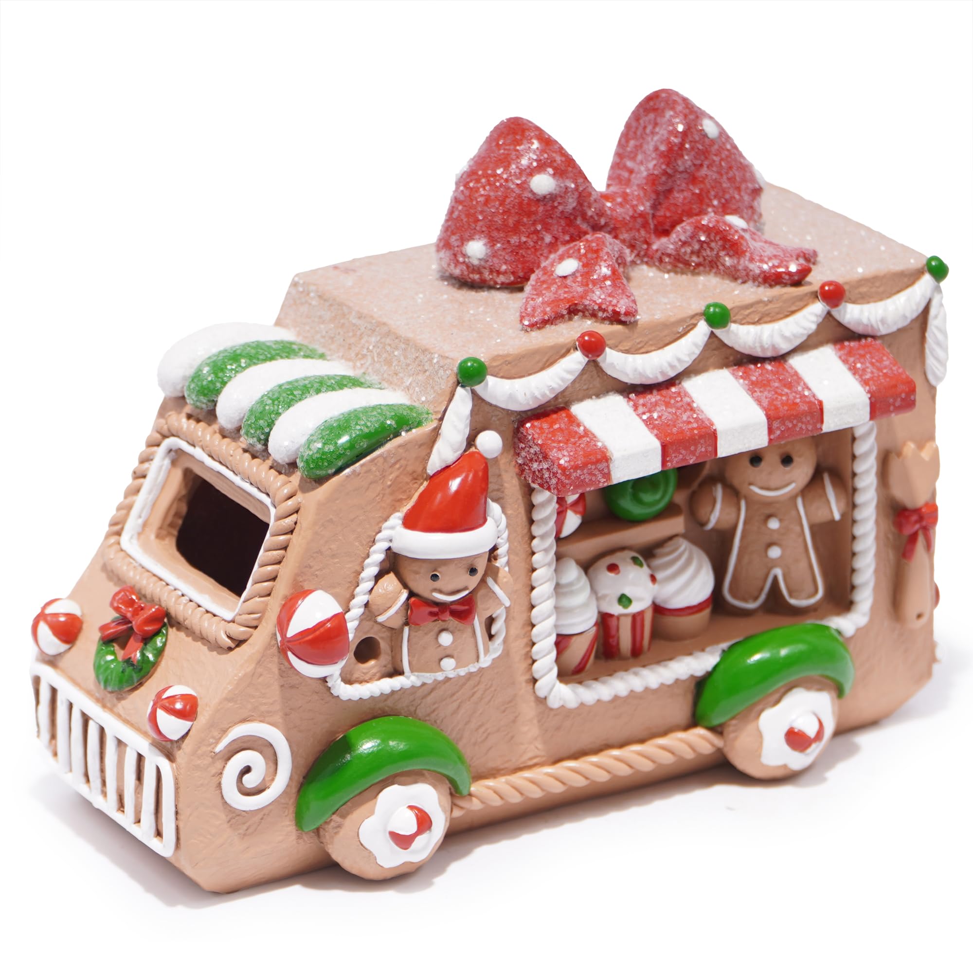 Hodao Christmas Decorations Gingerbread House Figurine with Ice Cream Car Design, Battery-Powered (2 AAA), 6.4