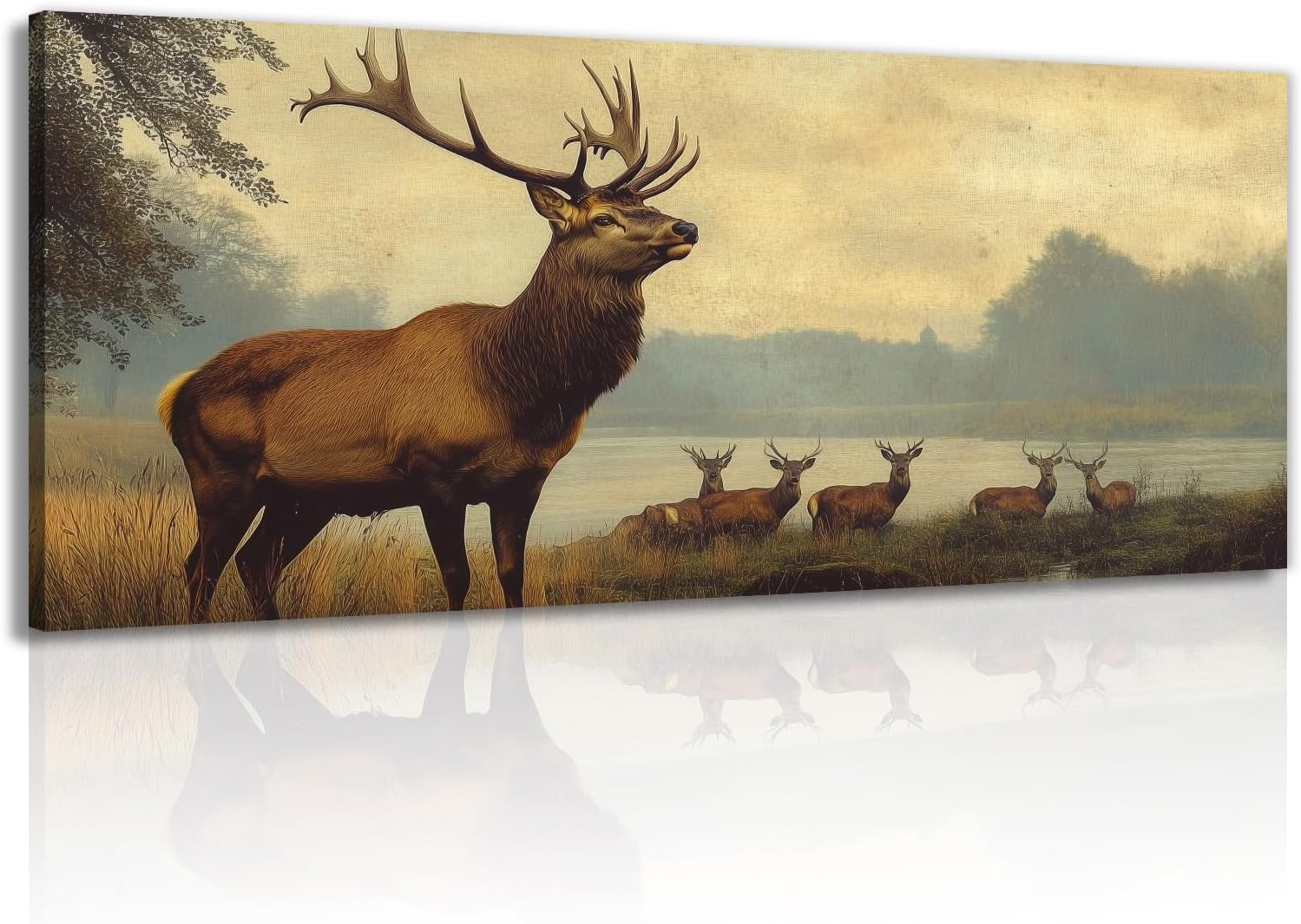 GLOKAKA Large Moose Canvas Wall Art Vintage Wildlife Painting Print Rustic Wild Animal Picture Nature Forest Landscape Poster Artwork for Living Room Home Wall Decor(Artwork-2,24"x48")