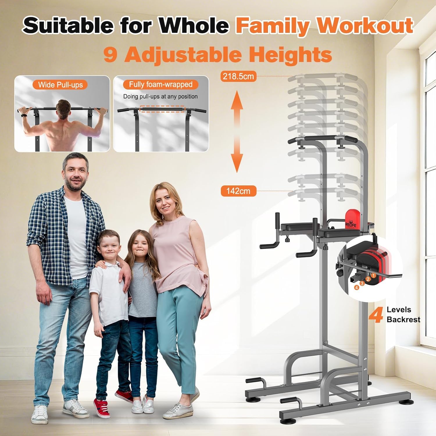 RELIFE REBUILD YOUR LIFE Power Tower Klimmzüge Dips Höhenverstellbares Multifunktions Fitnessgerät Zuhause Kraftstation Klimmzugstange Dip Station Liegestützgriffe (Grau)