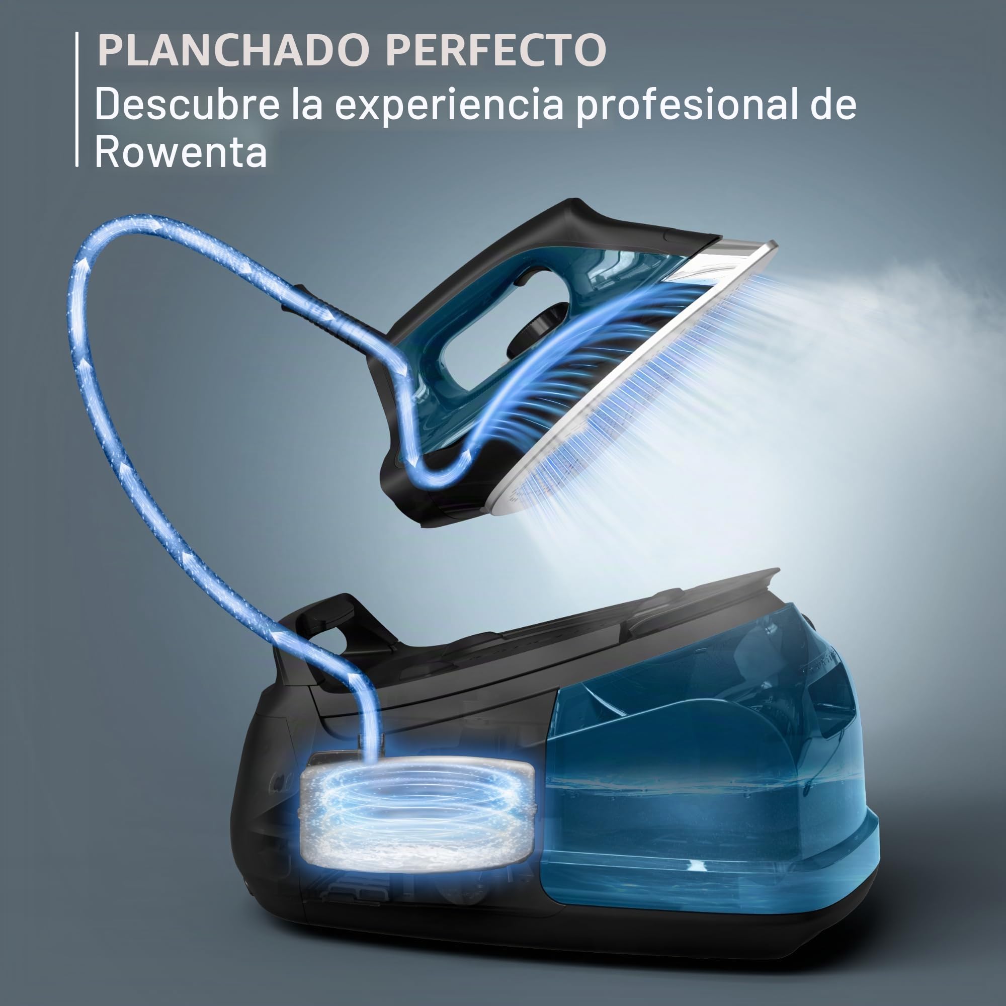 Rowenta, Plancha, base de acero inoxidable profesional para ropa, tanque extraíble de 1,1 L, calentamiento rápido, 1800 vatios, plancha azul para ropa, DG8624