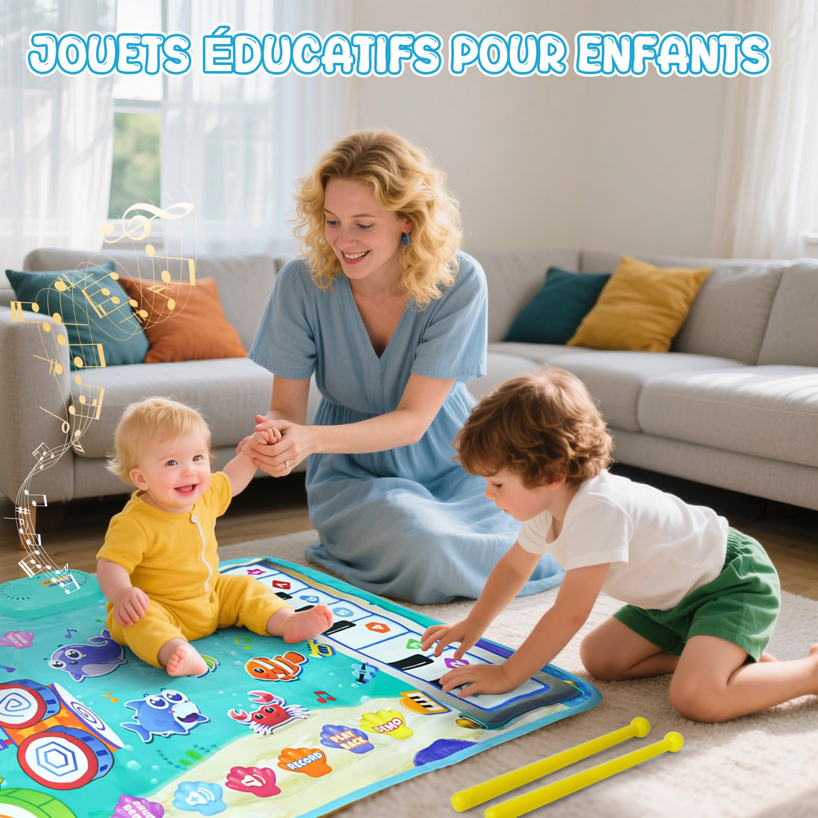 Jouet Bebe 1 an, Tapis Musical Bébé avec 6 Animaux Marins - Piano et Tambour 2 en 1, Jouet Éducatif pour Enfants de 1 à 3 Ans, Cadeau Parfait pour Noël et Anniversaire