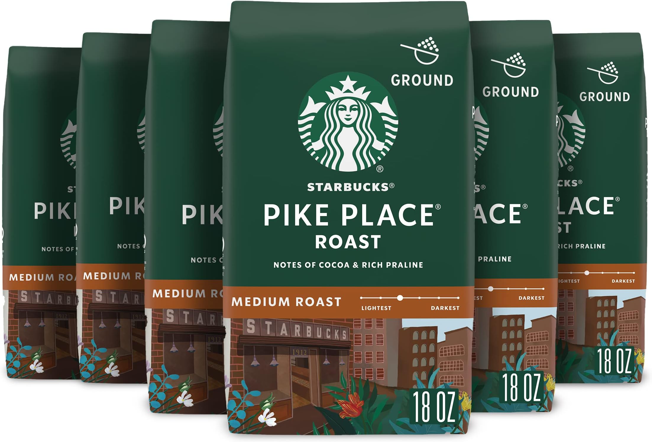 Starbucks Ground Coffee, Medium Roast Hot or Iced Coffee, Pike Place Roast, Six 18 oz Bags​