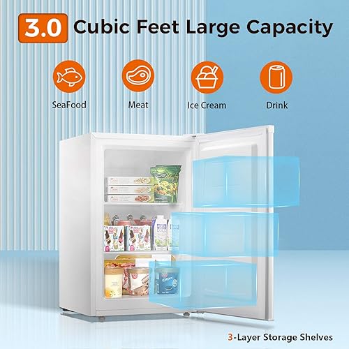 Miniatura 5 de Kismile Congelador vertical, mini congelador de 3.0 pies cúbicos con puerta individual reversible, estantes extraíbles, congelador pequeño con Blanco