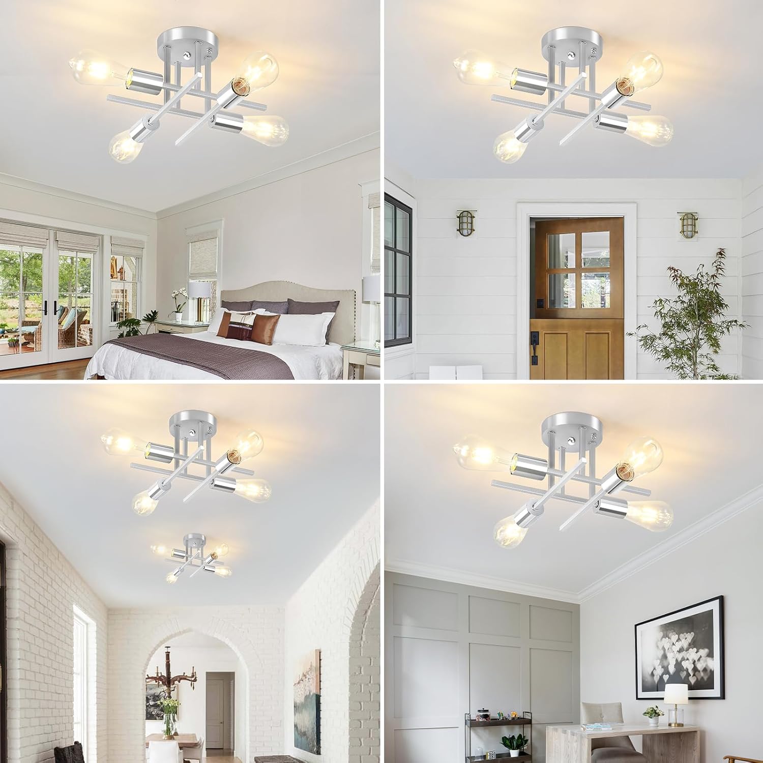 EGM 4-Light Modern Sputnik Ceiling Light Fixture, Chrome Semi Flush Mount Ceiling Lights with E26 Bulb Base, Industrial Chandelier for Dining Room Bedroom Foyer Kitchen Office (2 Pack)