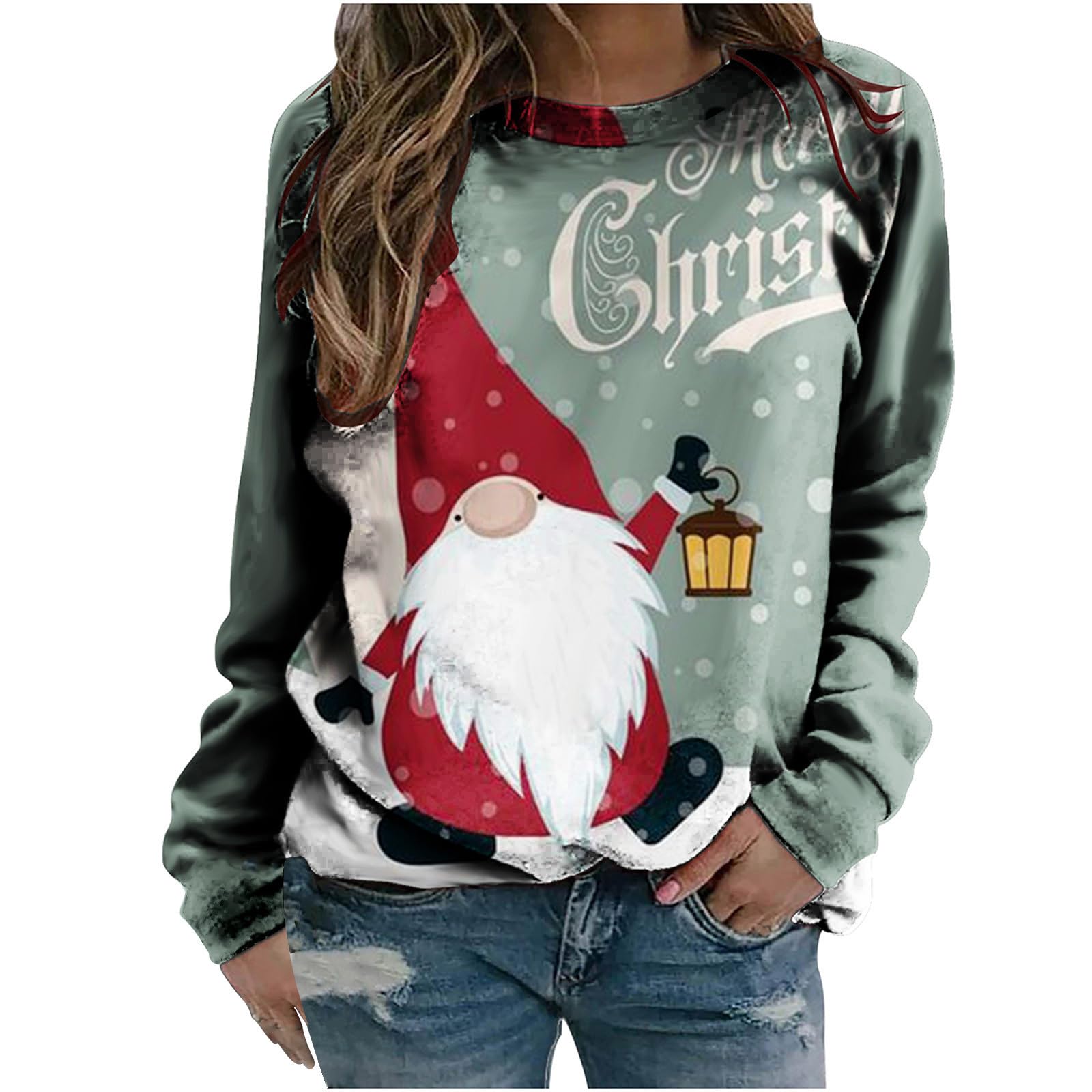 maisdgop Christmas Sweatshirts for Women Casual Printing Tunic Tops Fitted Crewneck Pullover Comfy Winter Warm Sweatshirt